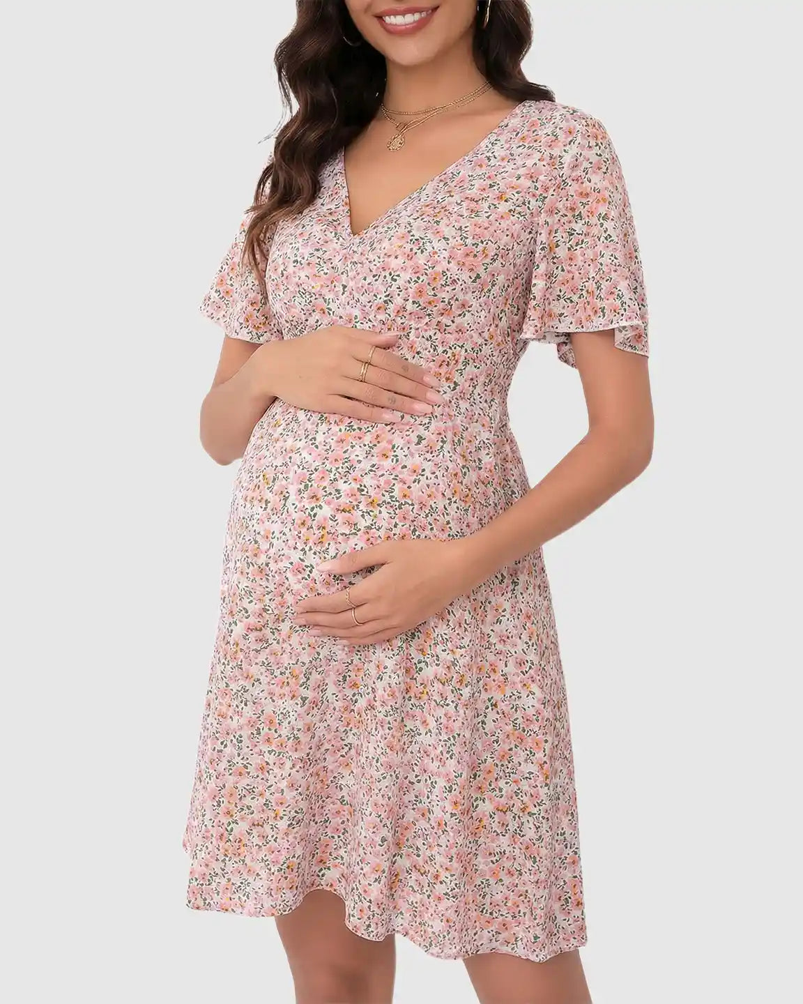 Flounce-Sleeve Floral A-Line Maternity Mini Dress