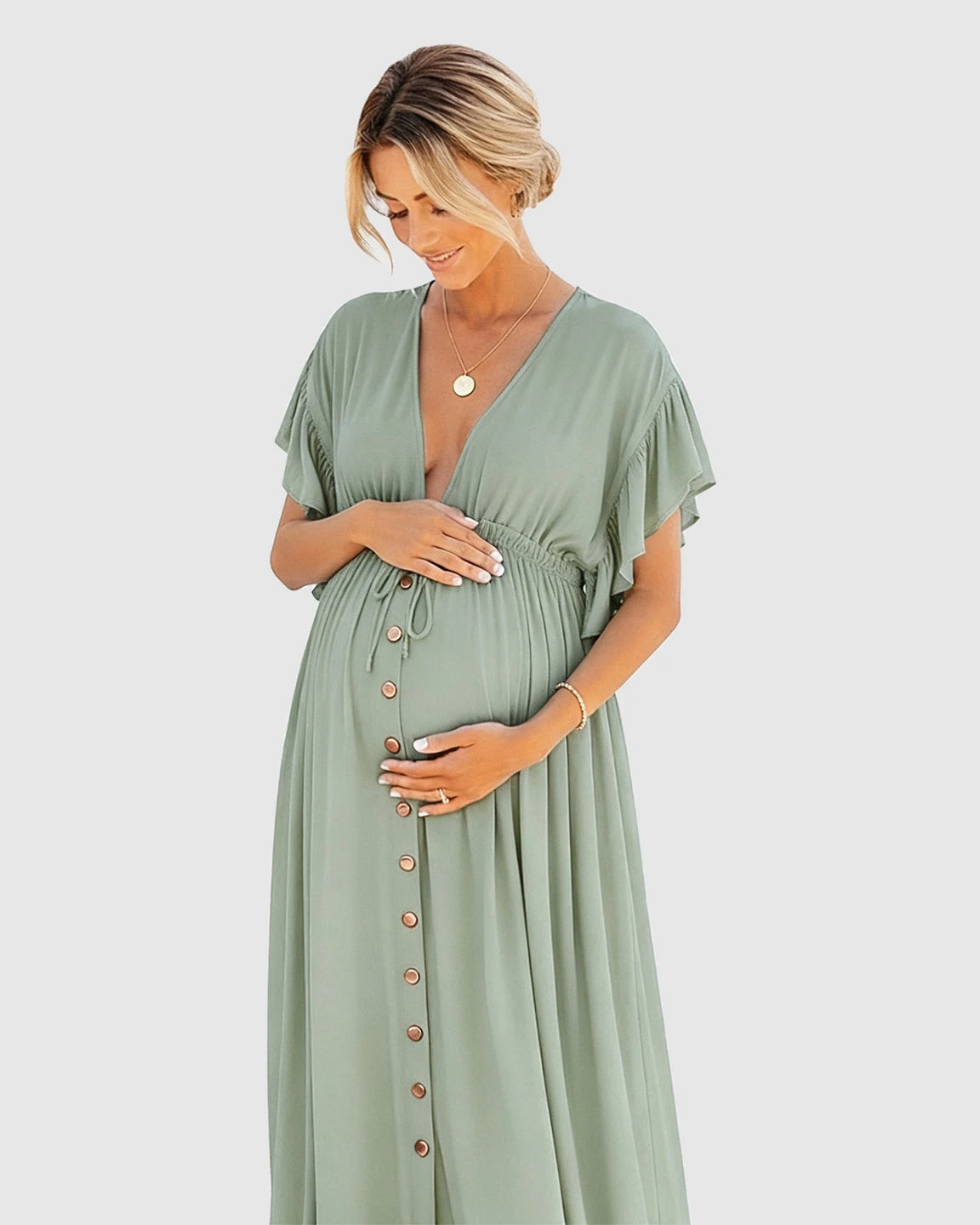 Button-Front Deep V Neck Maxi Beach Cover-Up Dress