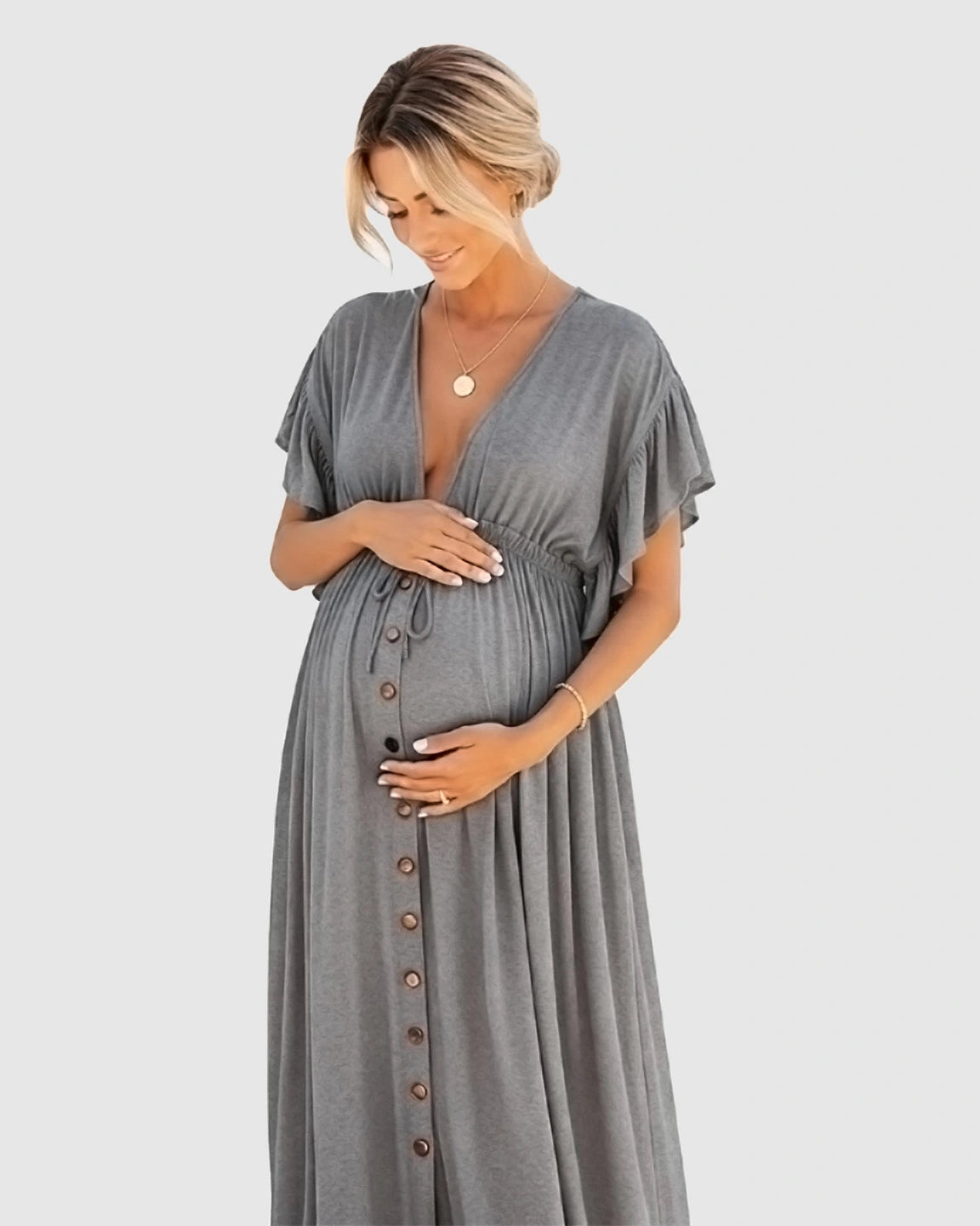 Button-Front Deep V Neck Maxi Beach Cover-Up Dress