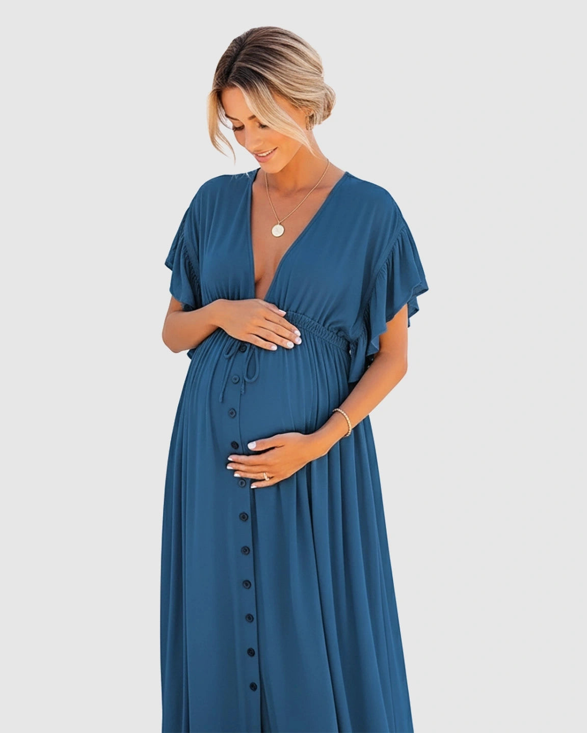 Button-Front Deep V Neck Maxi Beach Cover-Up Dress