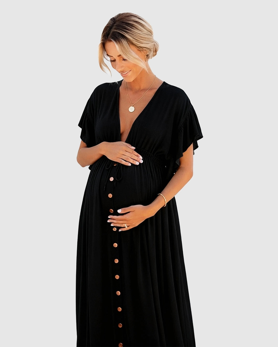 Button-Front Deep V Neck Maxi Beach Cover-Up Dress