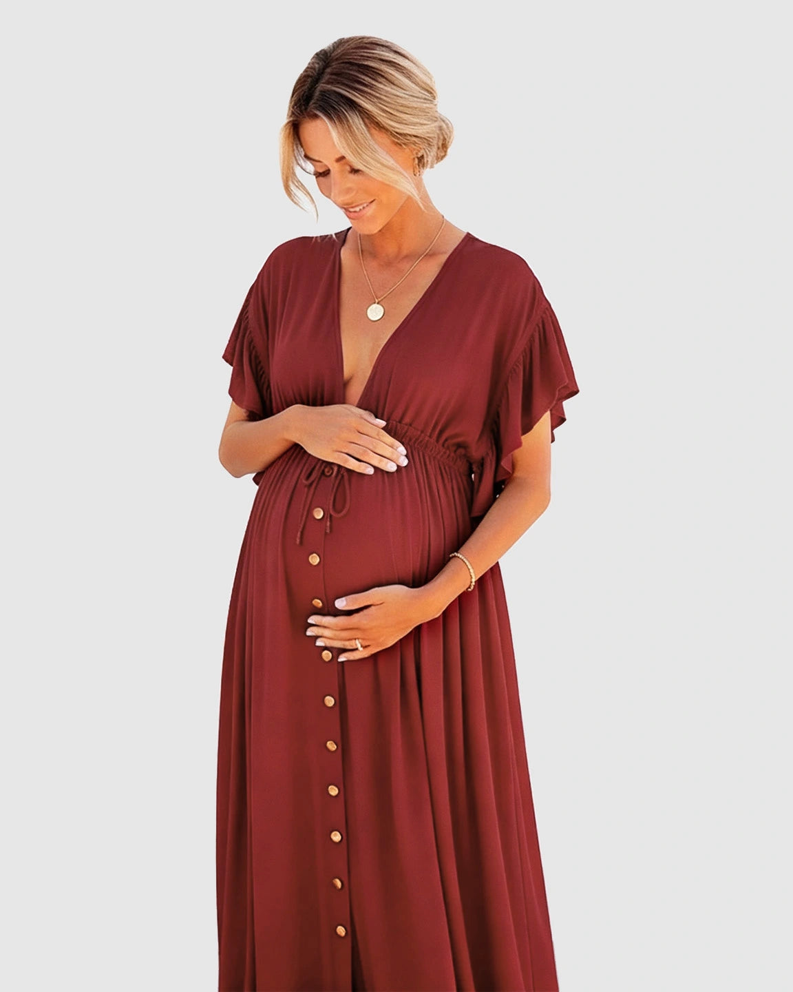 Button-Front Deep V Neck Maxi Beach Cover-Up Dress