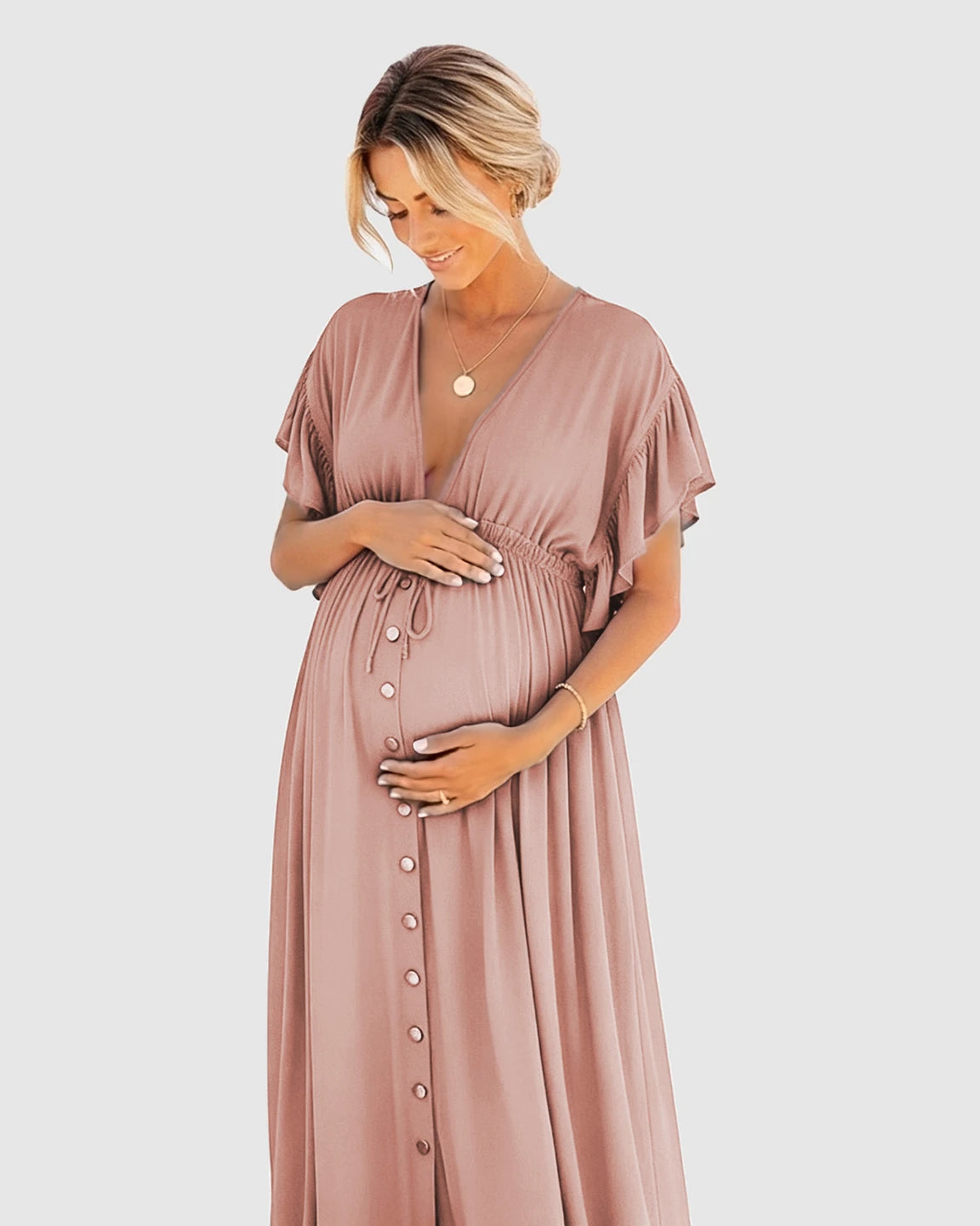 Button-Front Deep V Neck Maxi Beach Cover-Up Dress