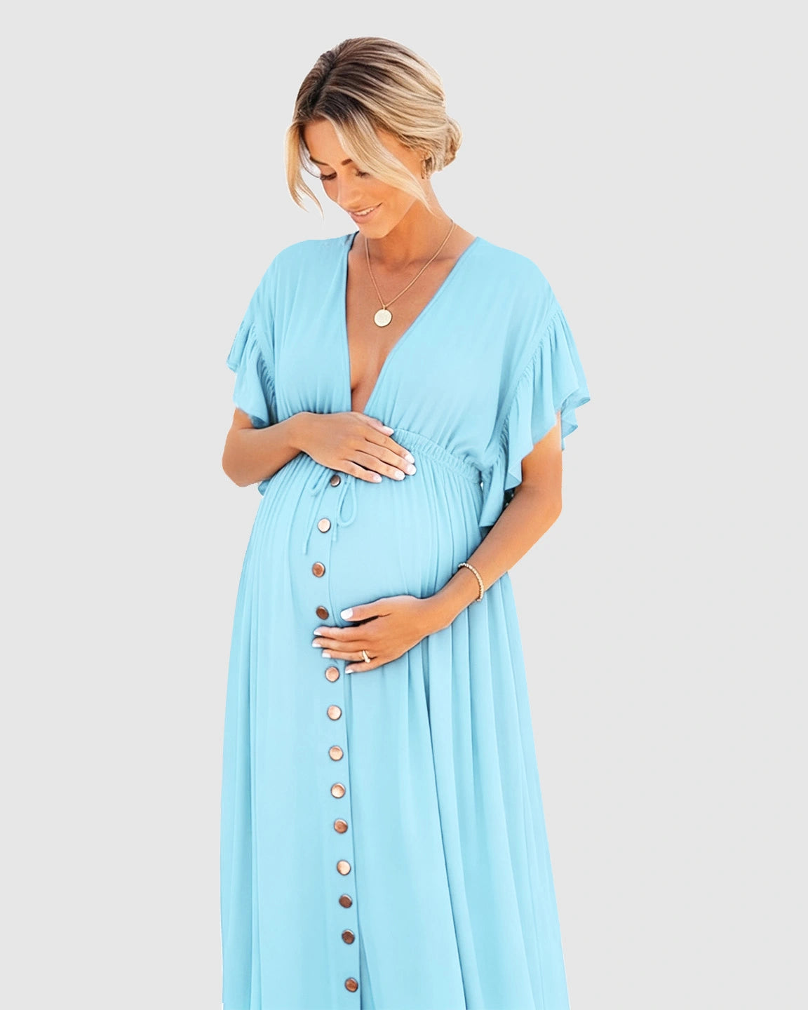 Button-Front Deep V Neck Maxi Beach Cover-Up Dress