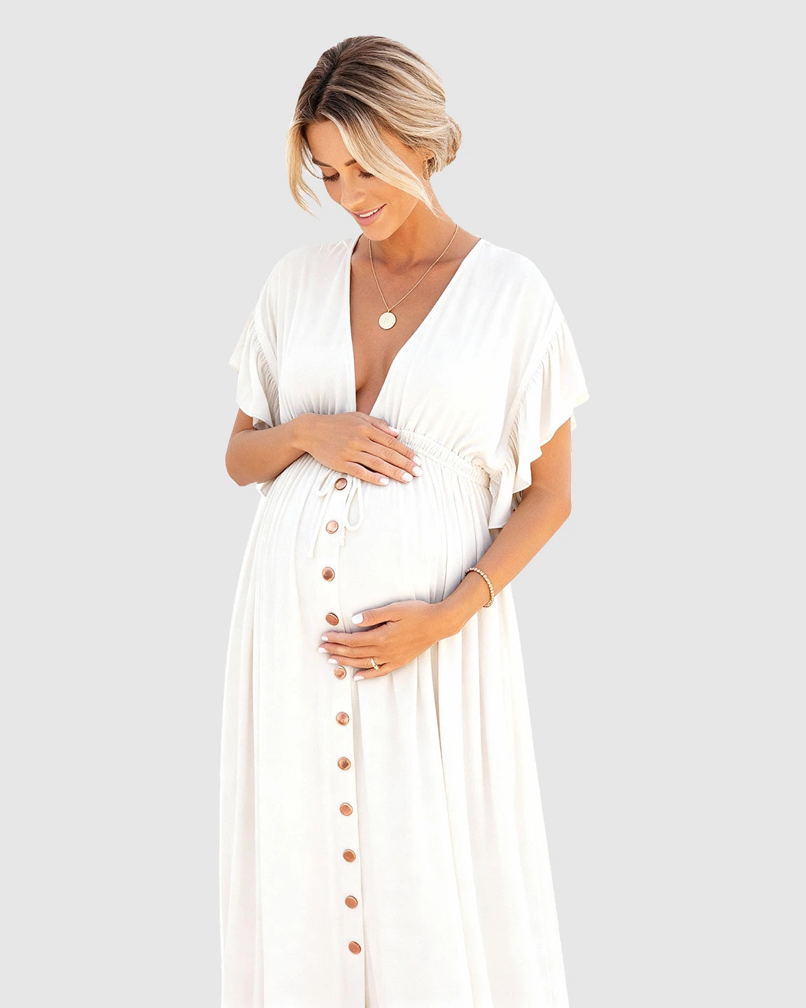 Button-Front Deep V Neck Maxi Beach Cover-Up Dress