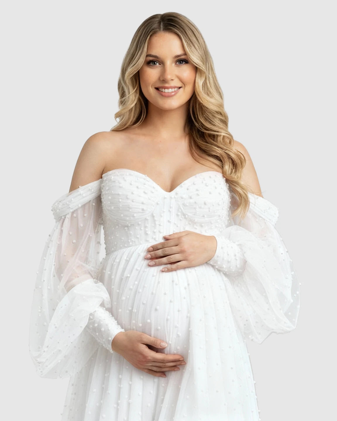 Off-Shoulder Tulle Train Maternity Gown