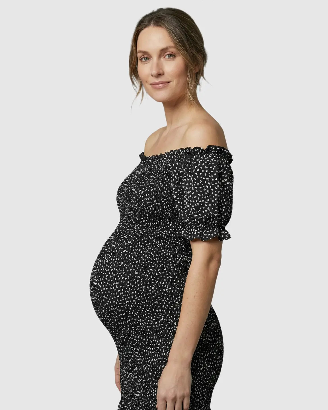 Fishtail Hem Smocked Maternity Midi Dress