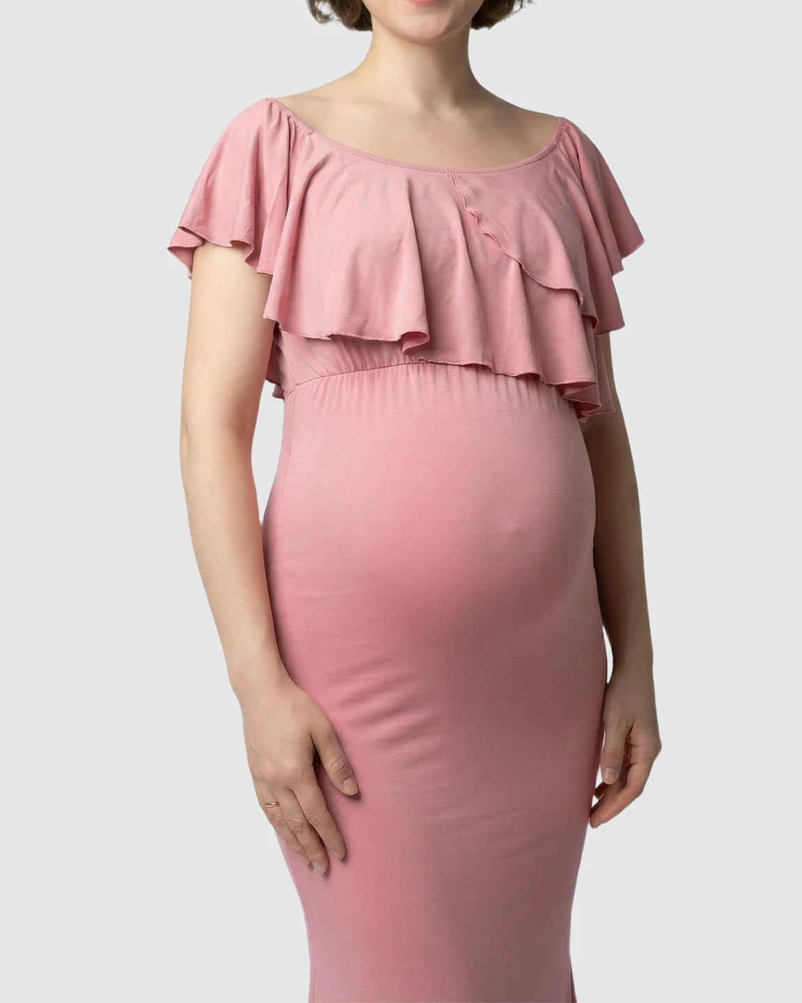 Ruffle-Off Shoulder Trailing Maternity Gown