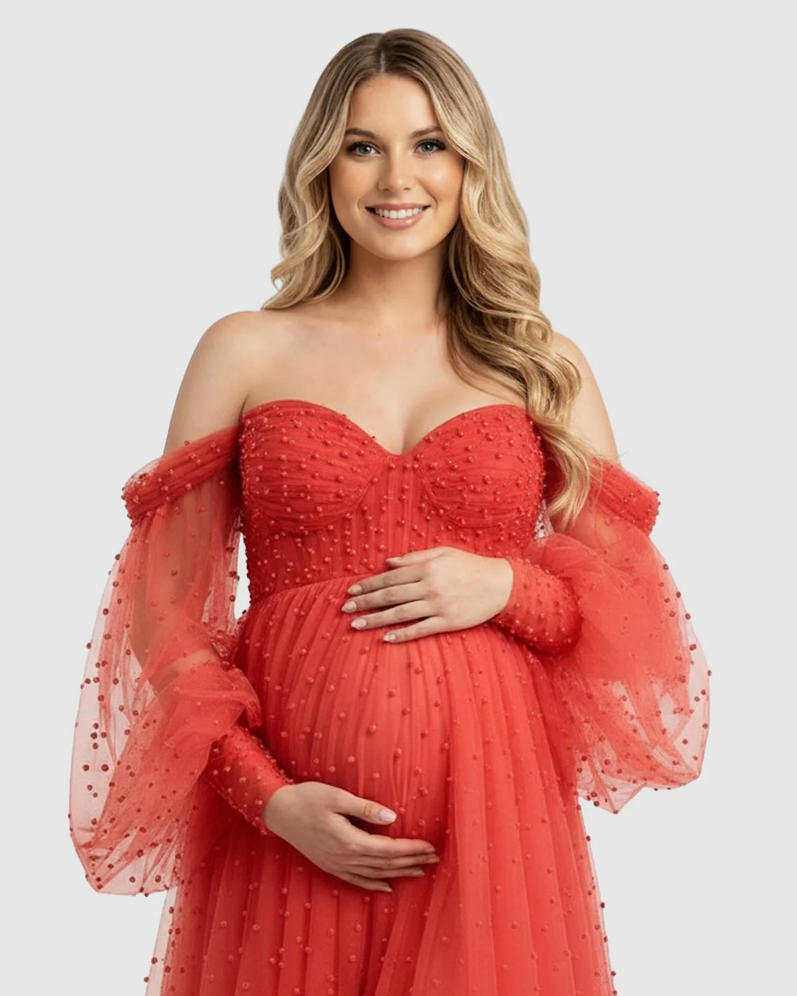 Off-Shoulder Tulle Train Maternity Gown
