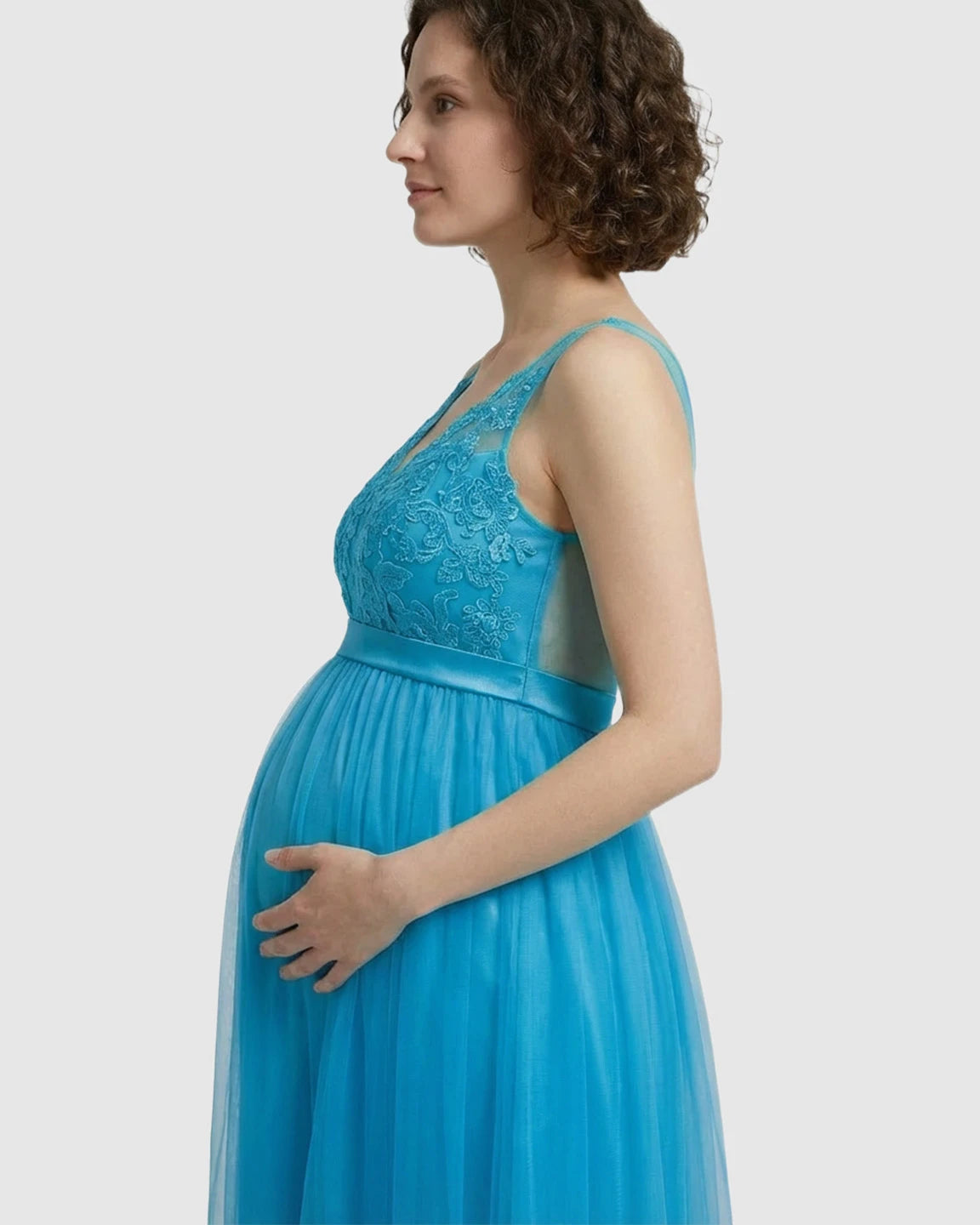 Lace-Trim Tulle Maternity Maxi Dress