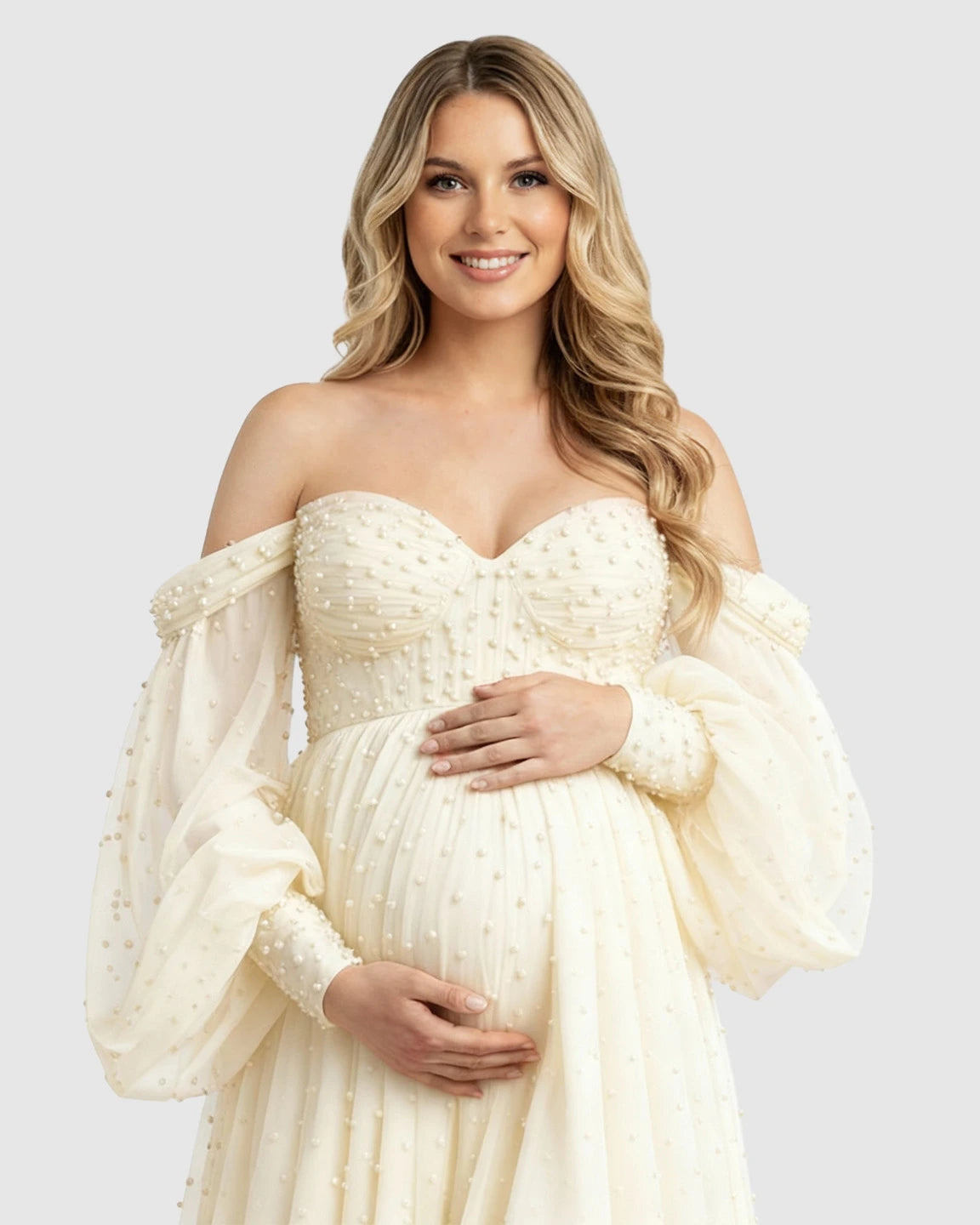 Off-Shoulder Tulle Train Maternity Gown