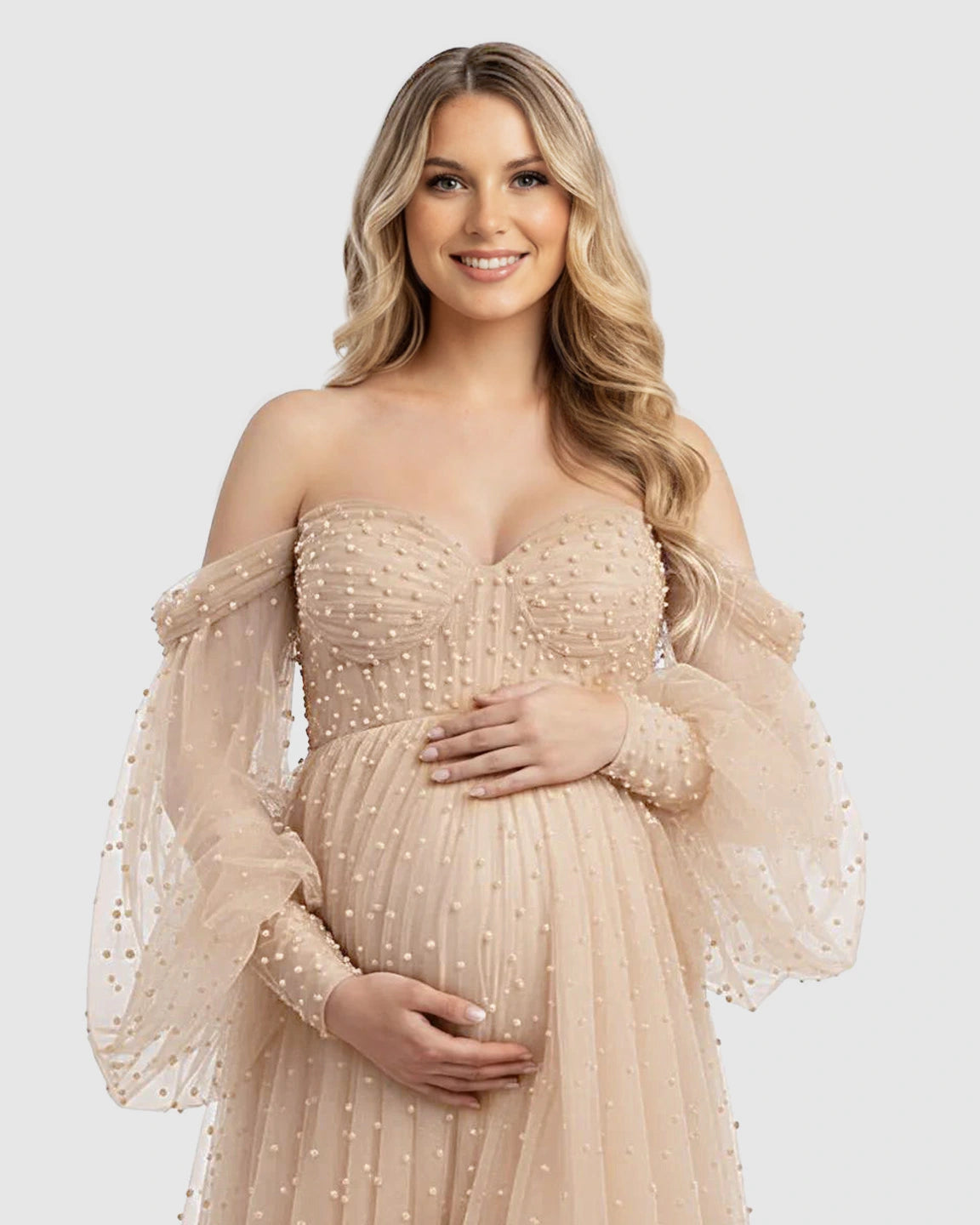 Off-Shoulder Tulle Train Maternity Gown