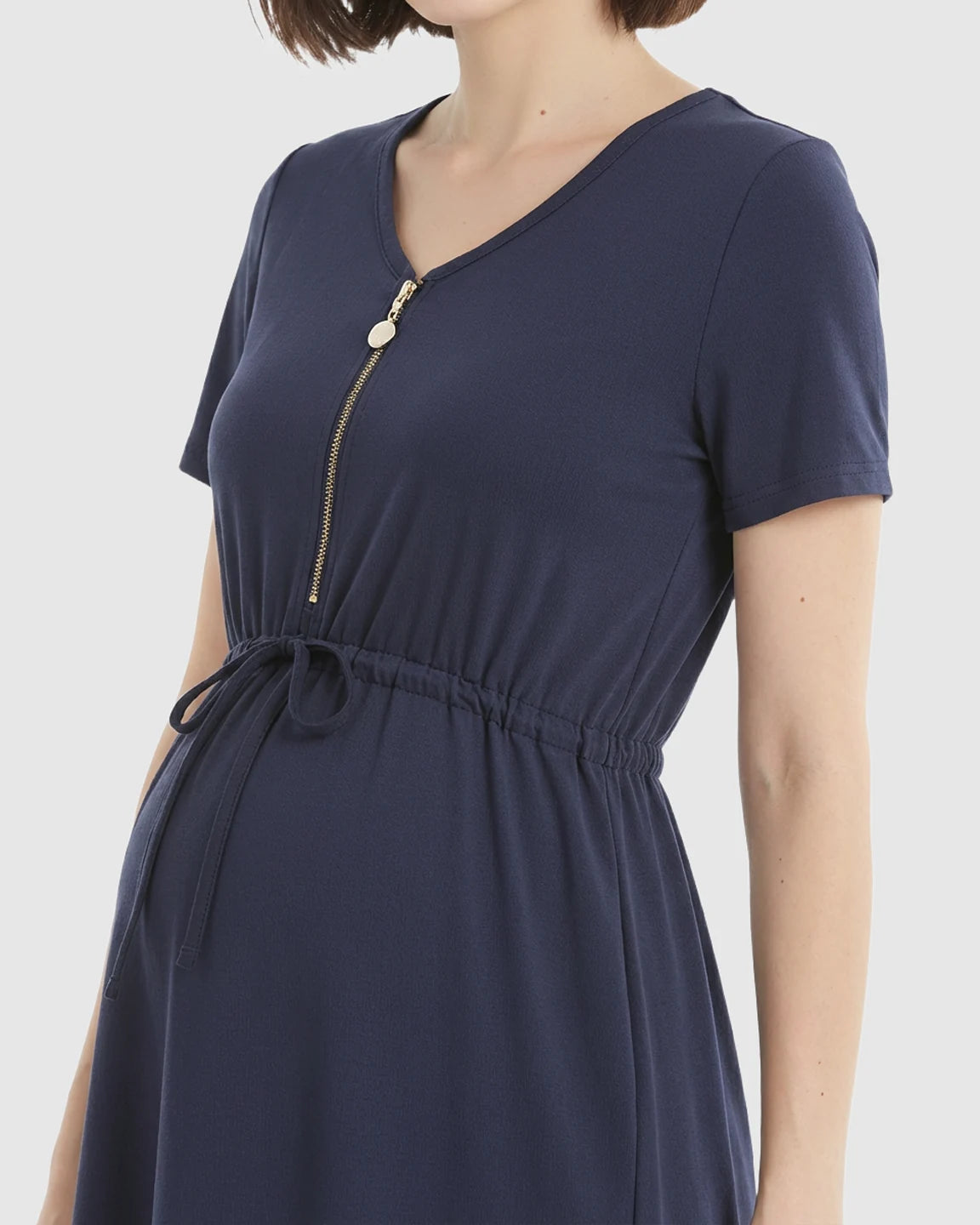 Zip-Up Nursing Drawstring-Waist Maternity Mini Dress