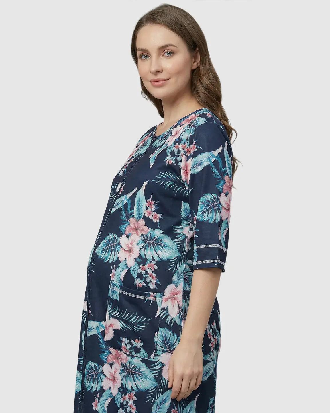 Front Zipper Casual Maternity Nursing Lounge Dress