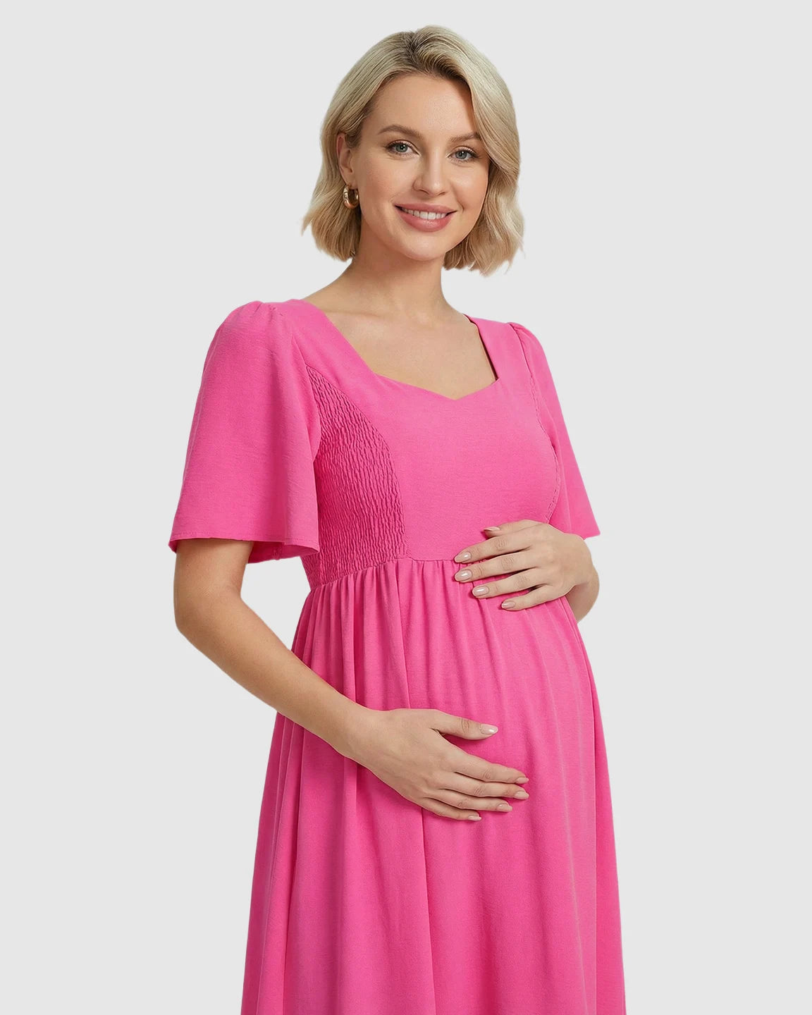 Shirred Ruffle Sleeve Swing Maternity Midi Dress