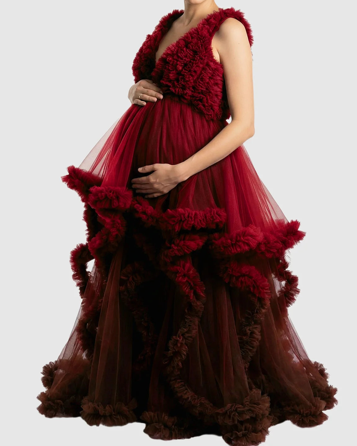 Ruffled Bodice Multi-Layer Mesh Pleats Maternity Gown