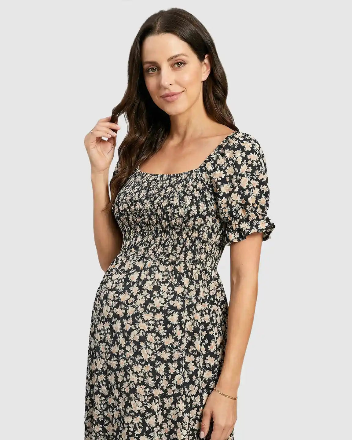 Smocked Bodice Boho Casual Maternity Midi Dress
