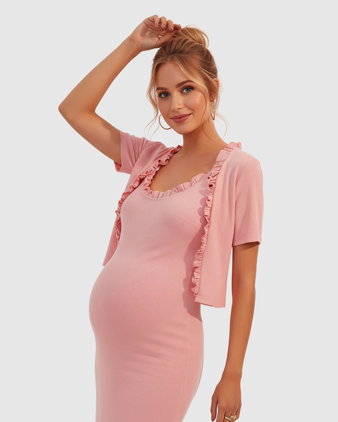 Ruffle Neck Bodycon Maternity Midi Dress Set