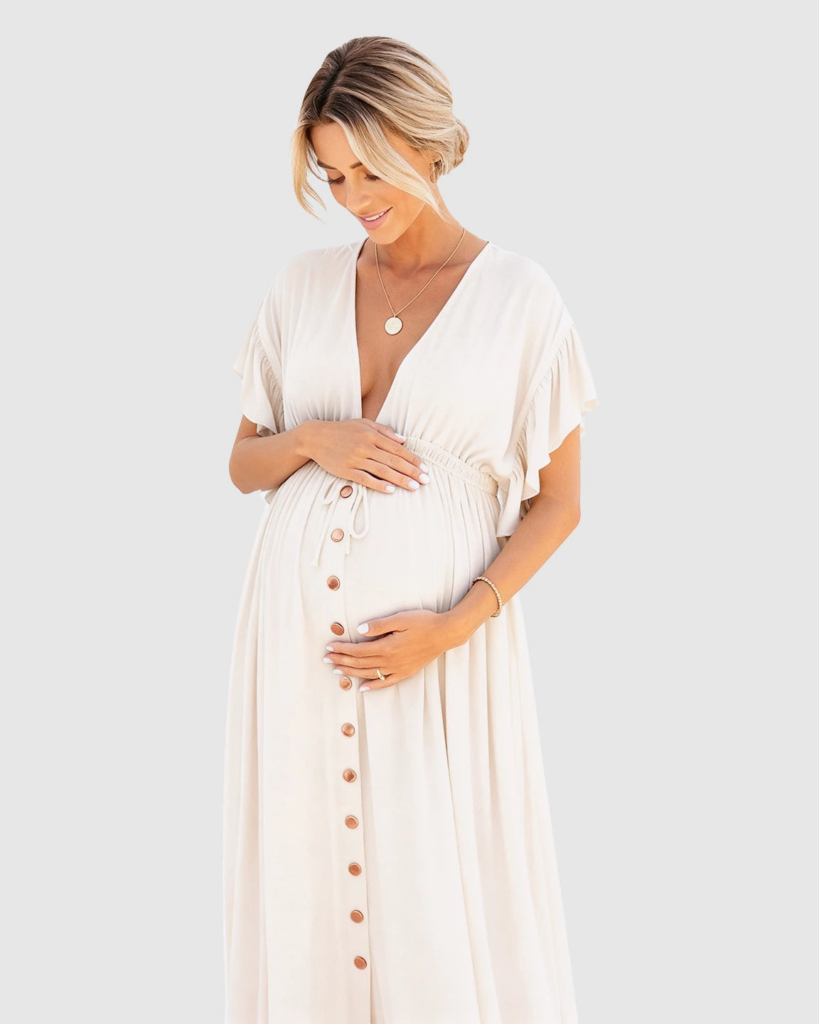 Button-Front Deep V Neck Maxi Beach Cover-Up Dress