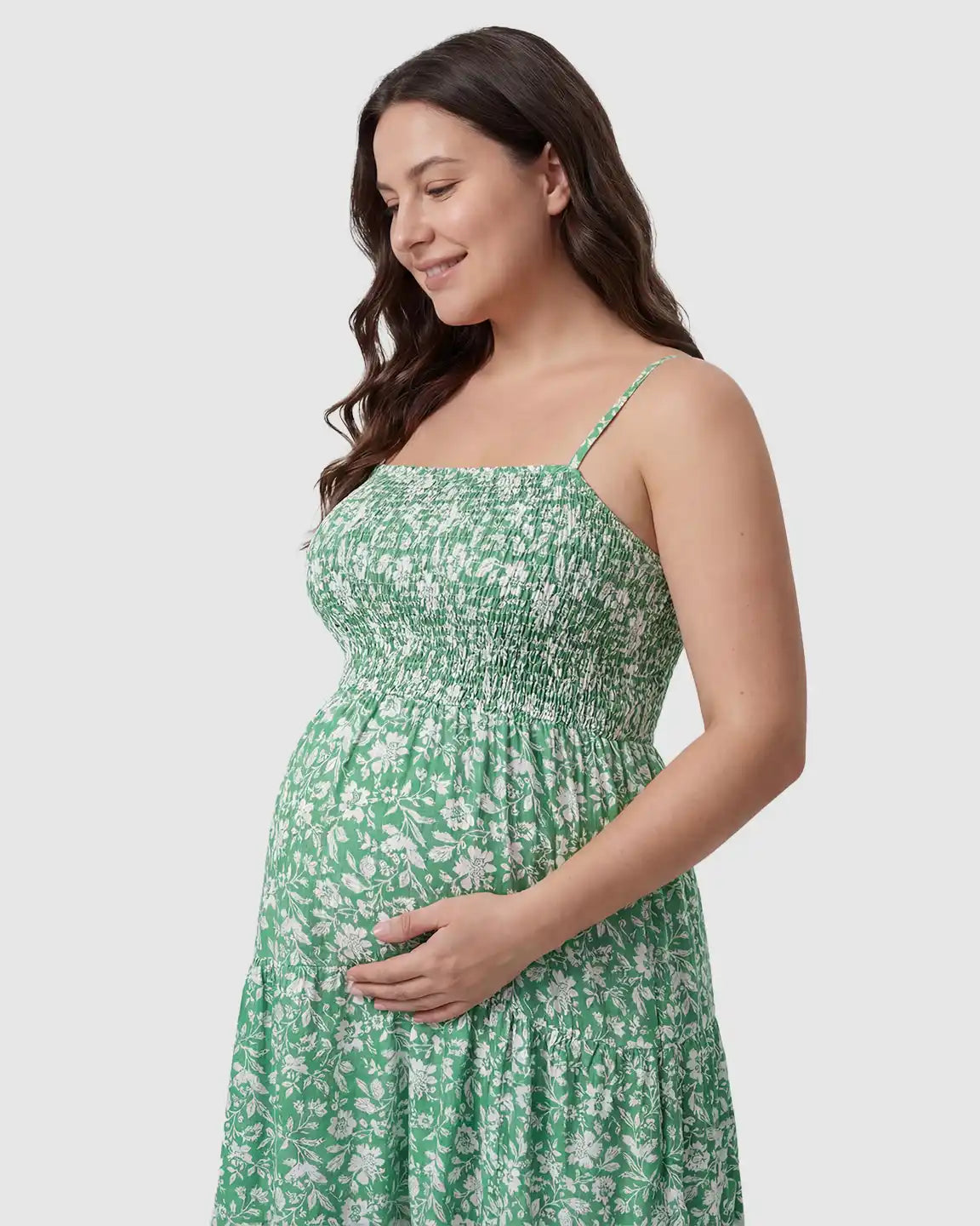 Smocked Floral A-Line Maternity Midi Dress