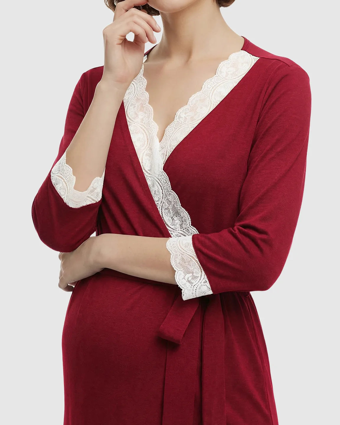 Lace Trim Wrap Maternity Robe