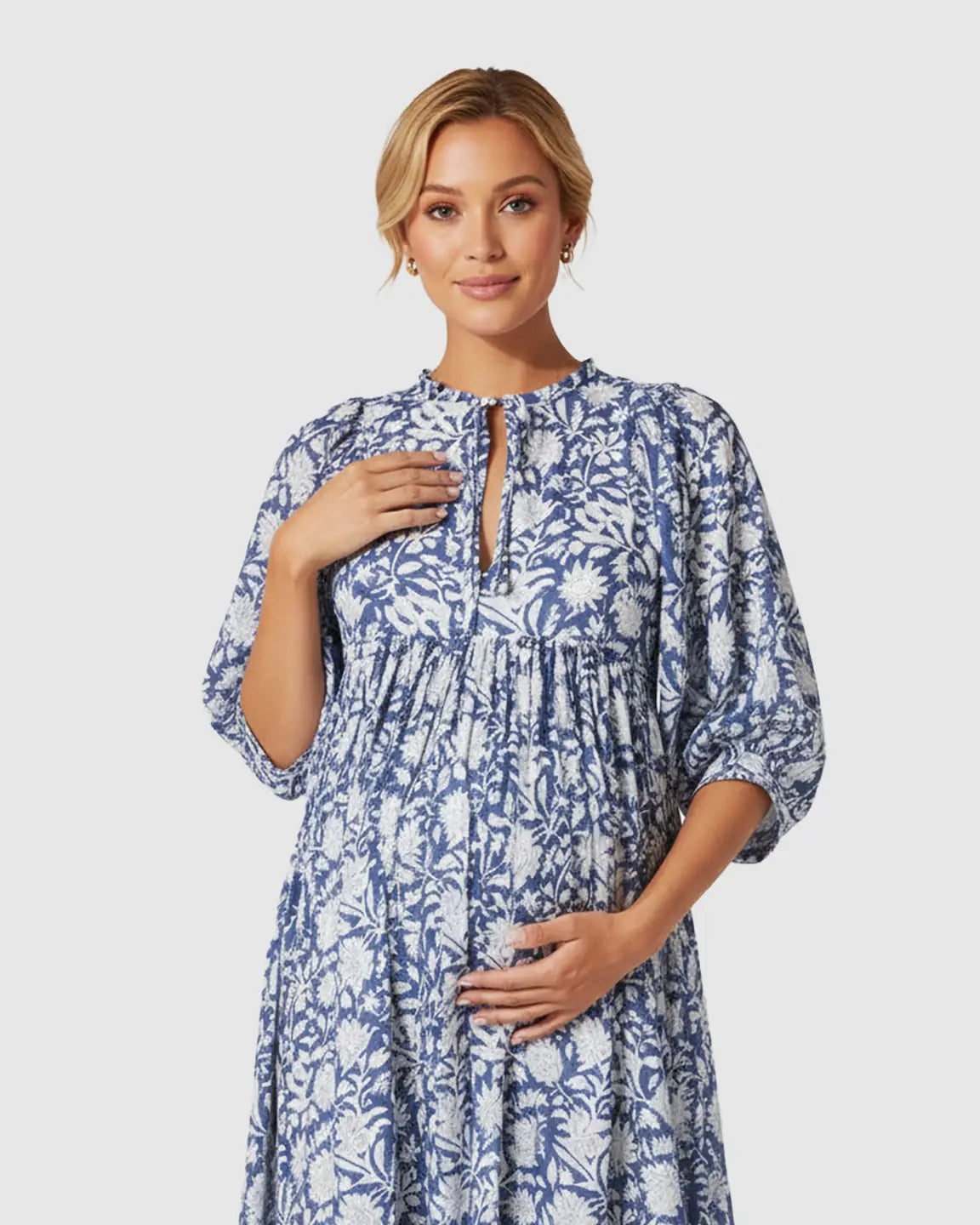 Gathered Shoulder Floral Loose Fit Maternity Midi Dress