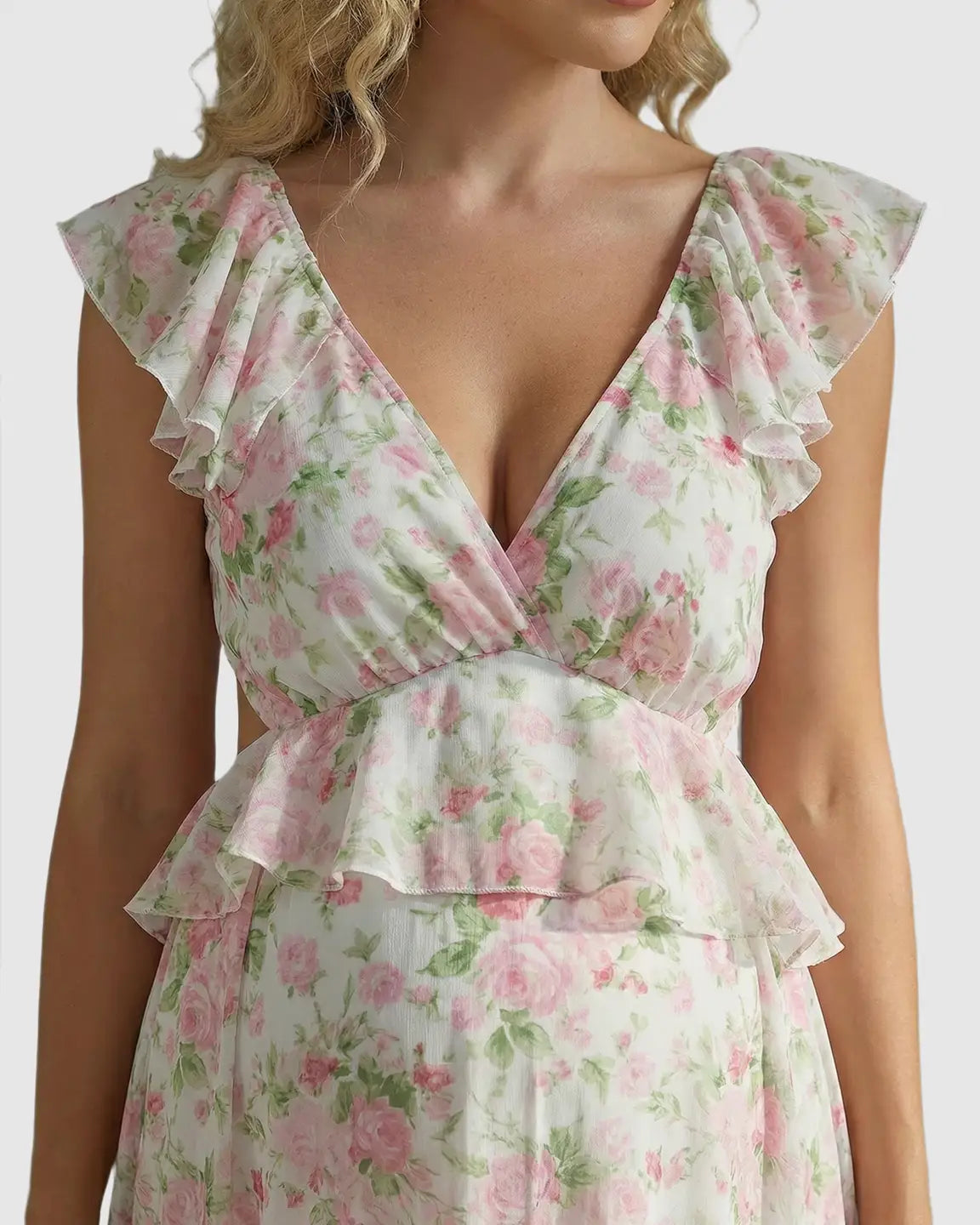 Ruffle Cap Sleeve Romantic Floral Maternity Photoshoot Dress