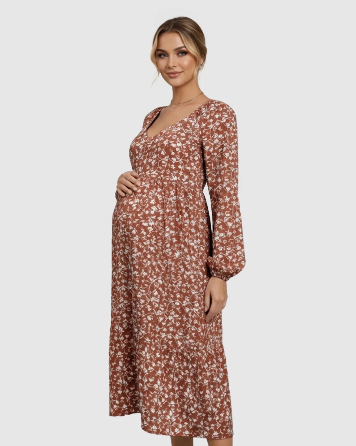Floral Balloon Sleeves Midi Maternity Dress
