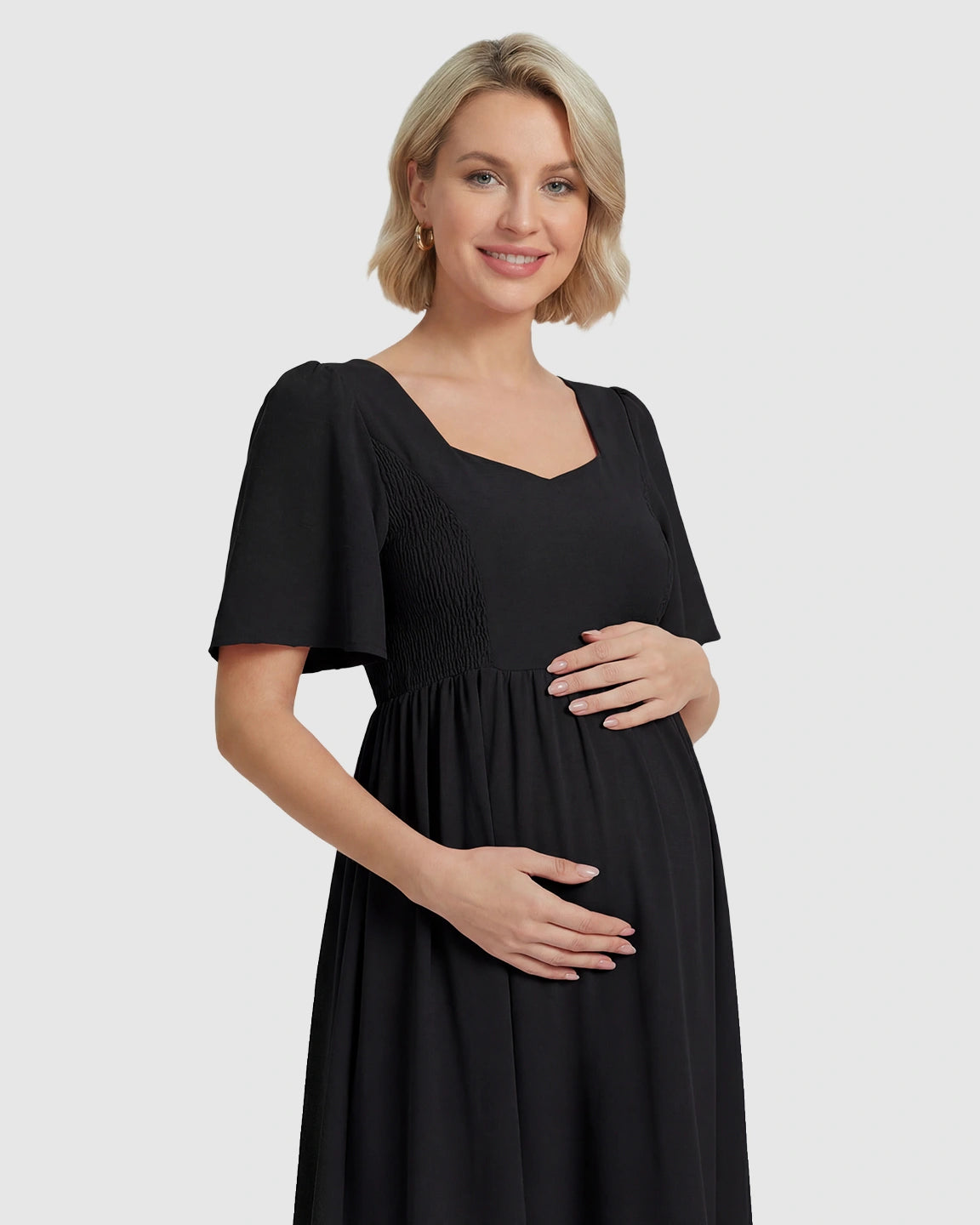 Shirred Ruffle Sleeve Swing Maternity Midi Dress