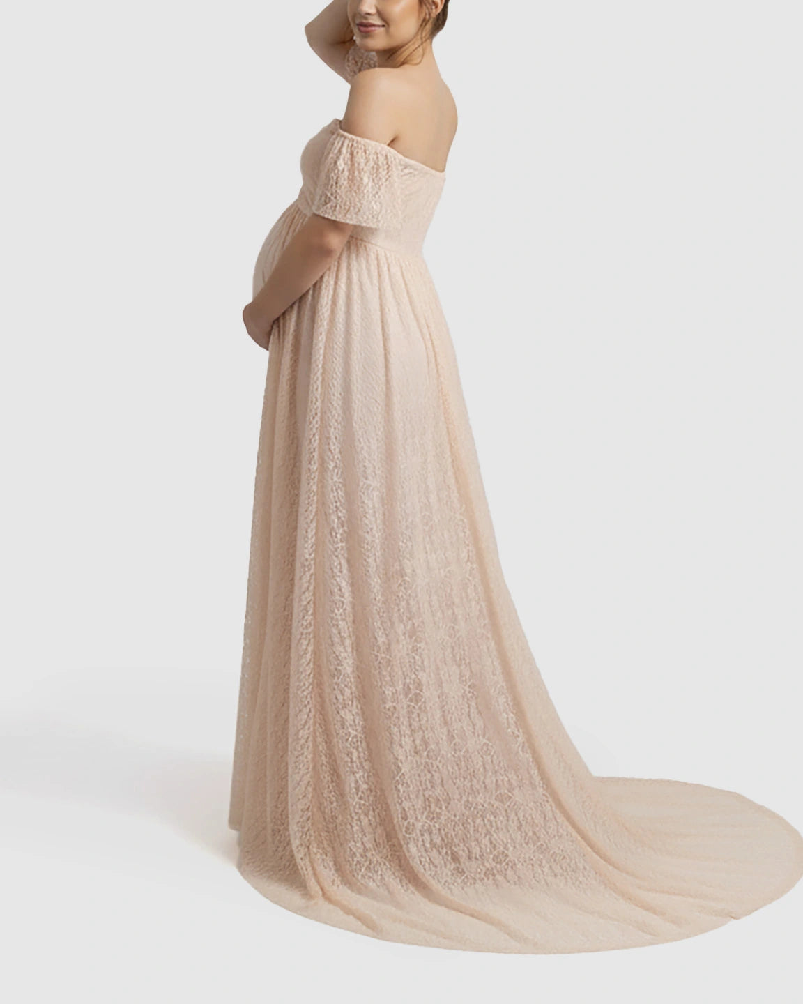 Off-Shoulder Flowing Lace Maternity Maxi Dress