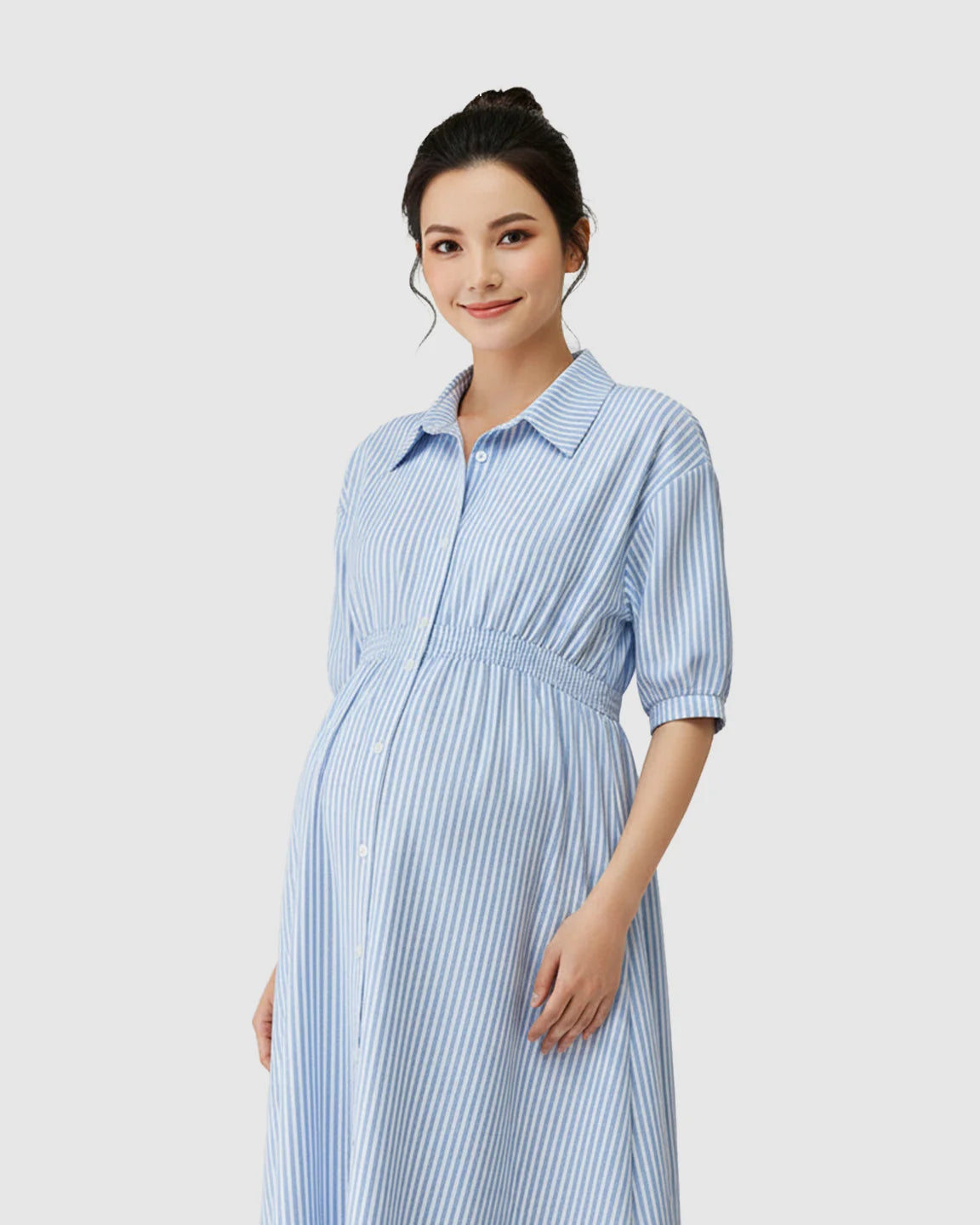 Gathered Waist Striped Shirt Maternity Dress