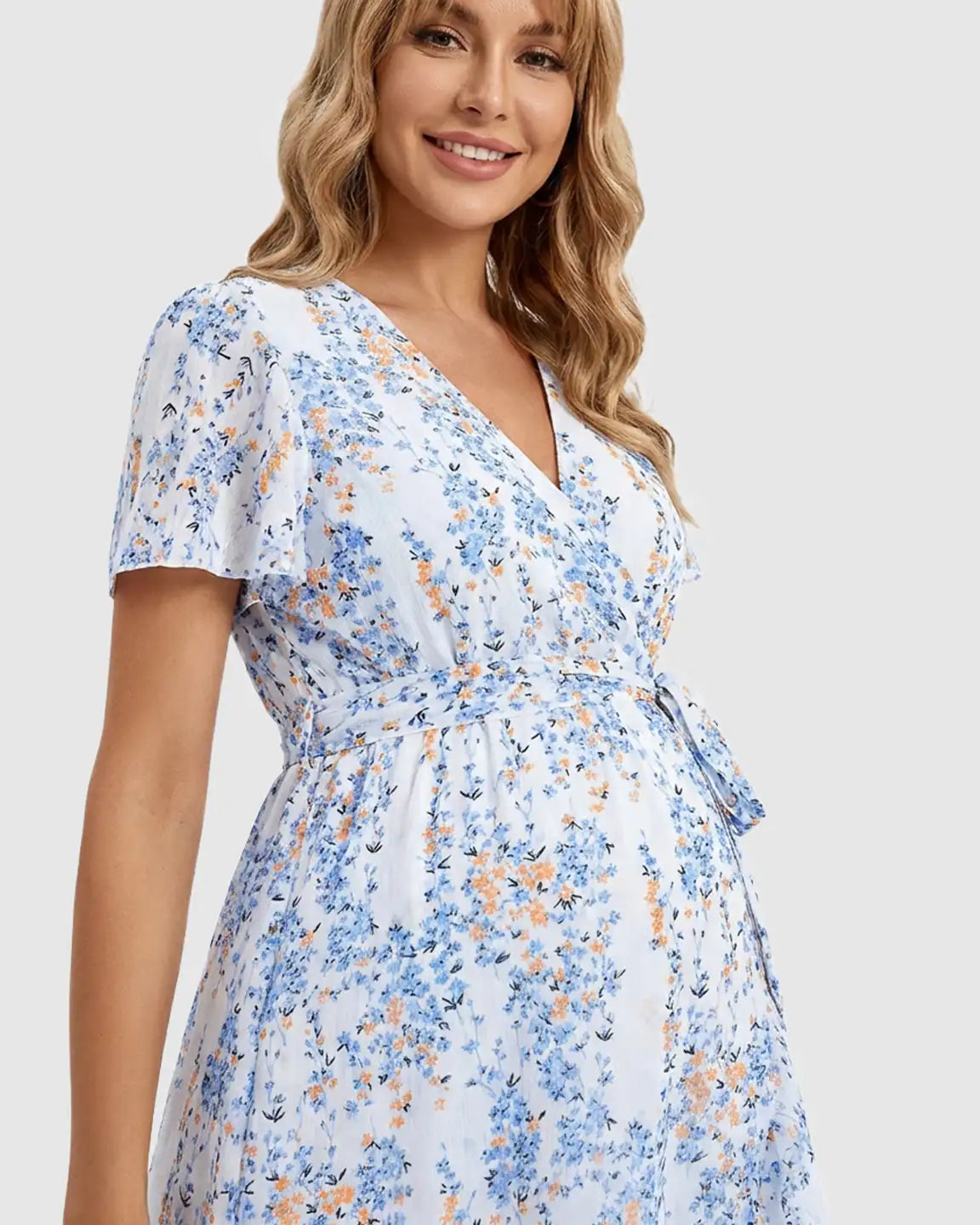 Tie Waist Floral Print Maternity Midi Dress