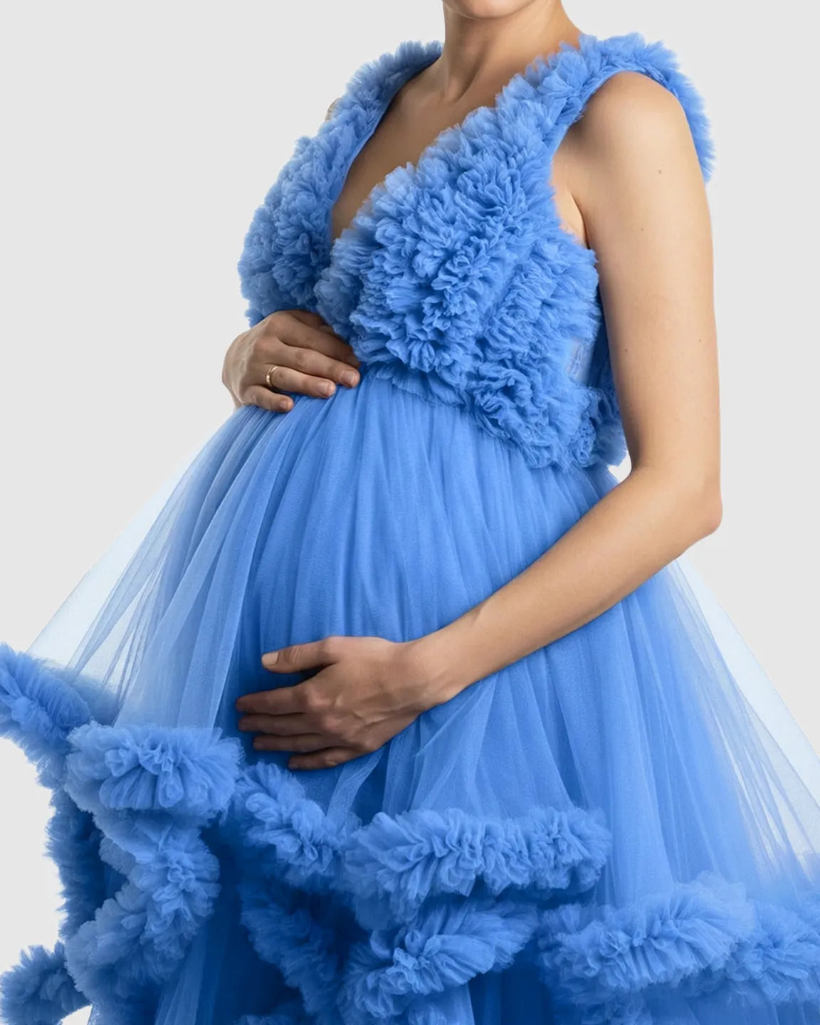 Ruffled Bodice Multi-Layer Mesh Pleats Maternity Gown