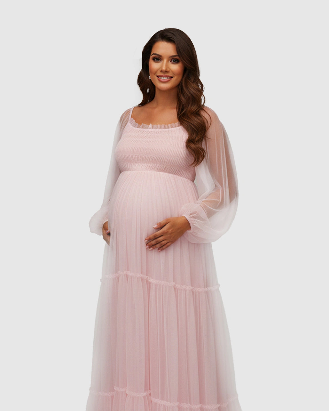 Lantern-Sleeve Tiered Tulle Maternity Photoshoot Gown