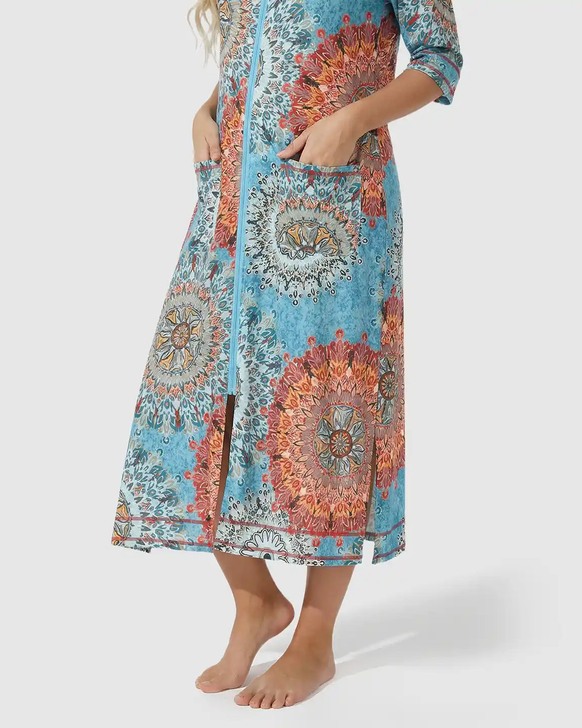 Front Zipper Boho Print Maternity Nursing Lounge Dress