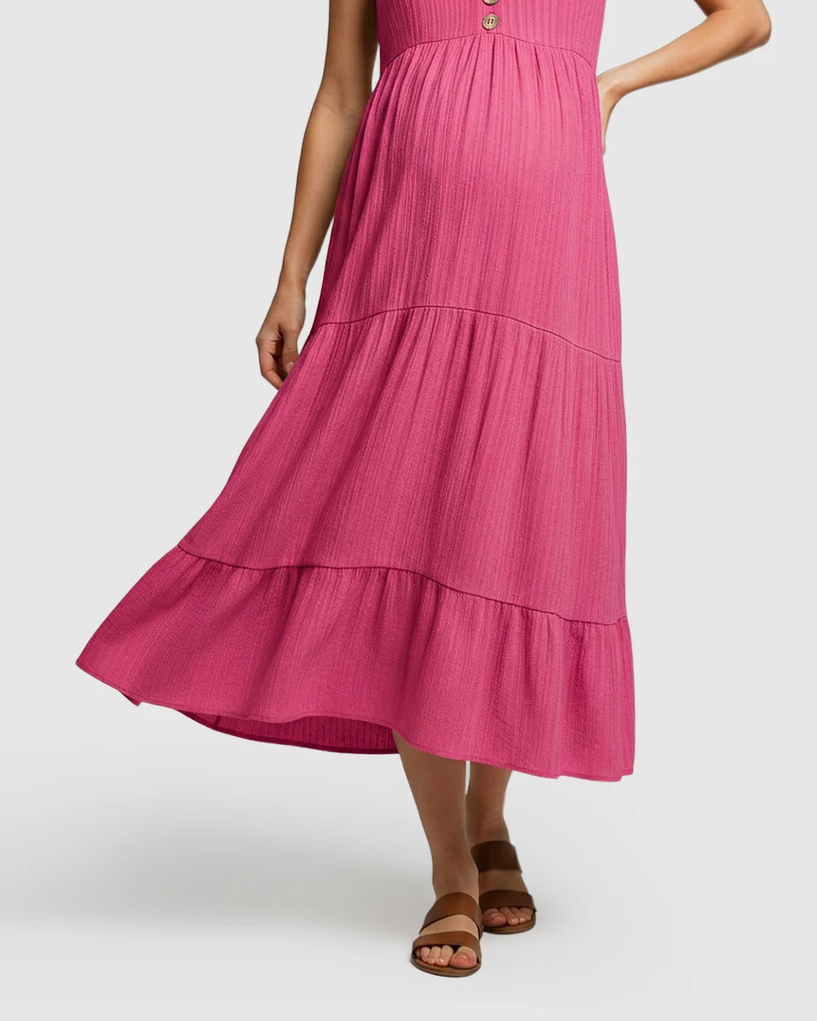 Button-Front Detail Tiered Maternity Midi Dress