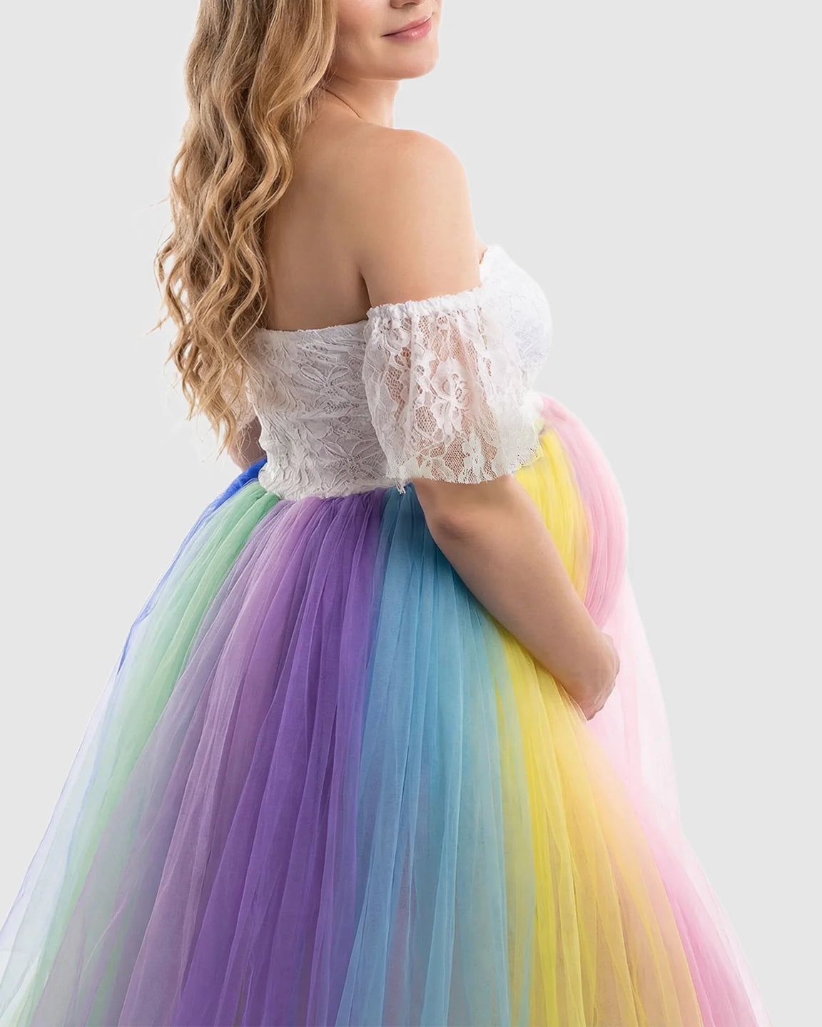 Off-Shoulder Rainbow Tulle Maternity Photoshoot Dress
