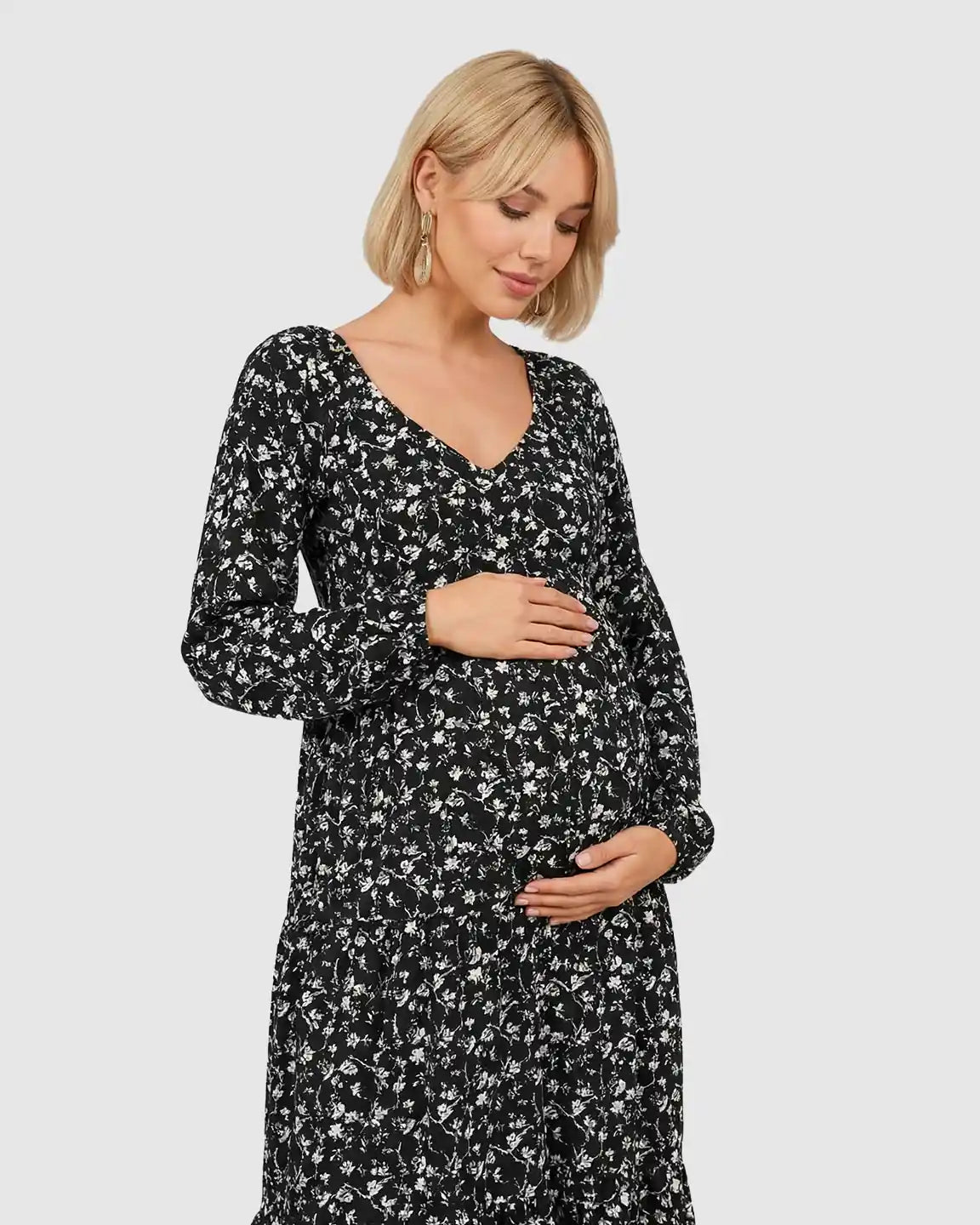 Long Sleeve Dark Floral Print Maternity Midi Dress