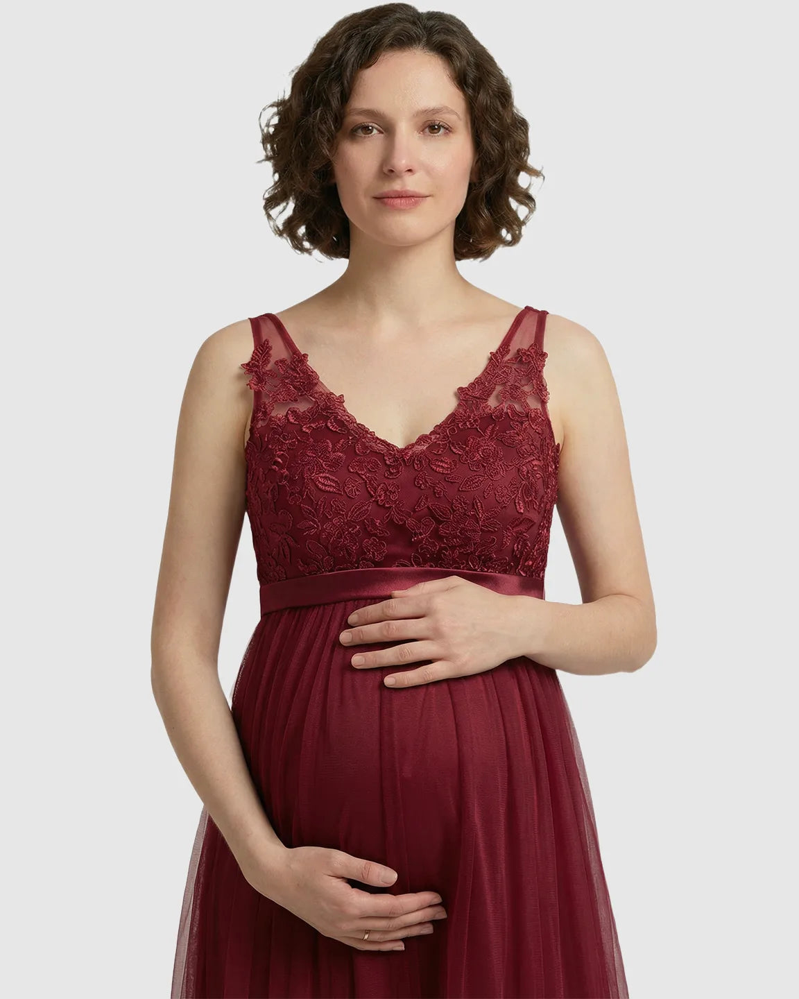 Lace-Trim Tulle Maternity Maxi Dress