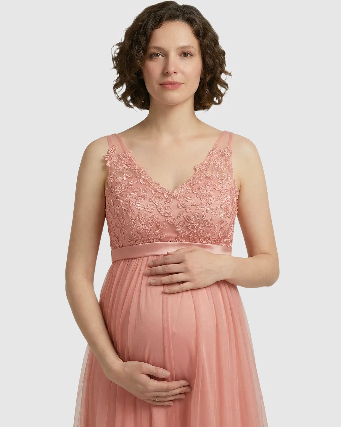 Lace-Trim Tulle Maternity Maxi Dress