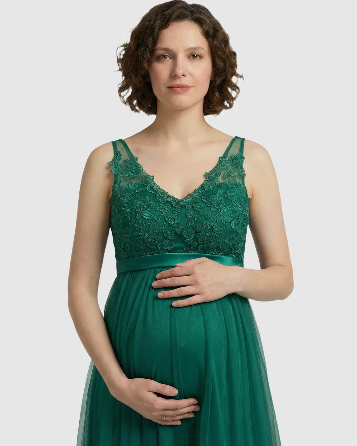 Lace-Trim Tulle Maternity Maxi Dress