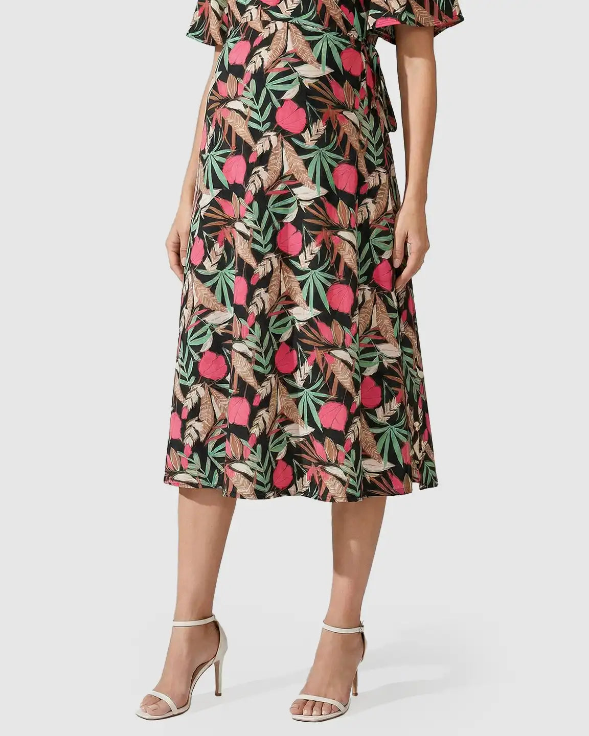 Tropical Print Tie-Waist Flowy Maternity Midi Dress
