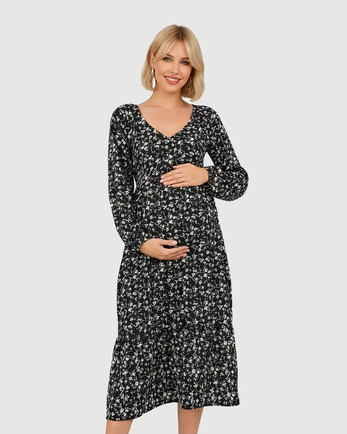 Long Sleeve Dark Floral Print Maternity Midi Dress