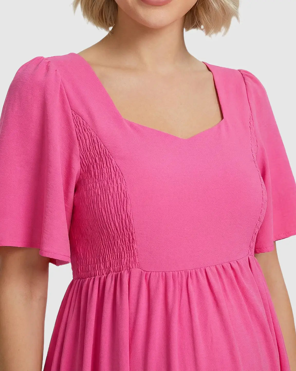 Shirred Ruffle Sleeve Swing Maternity Midi Dress