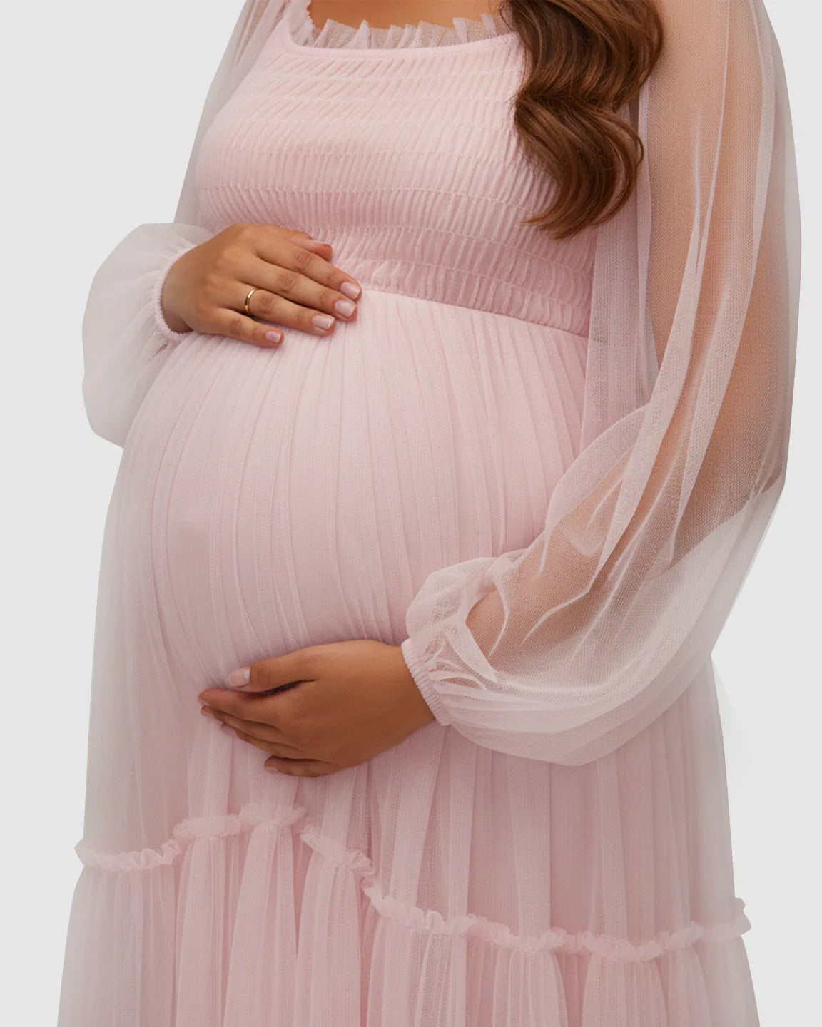Lantern-Sleeve Tiered Tulle Maternity Photoshoot Gown