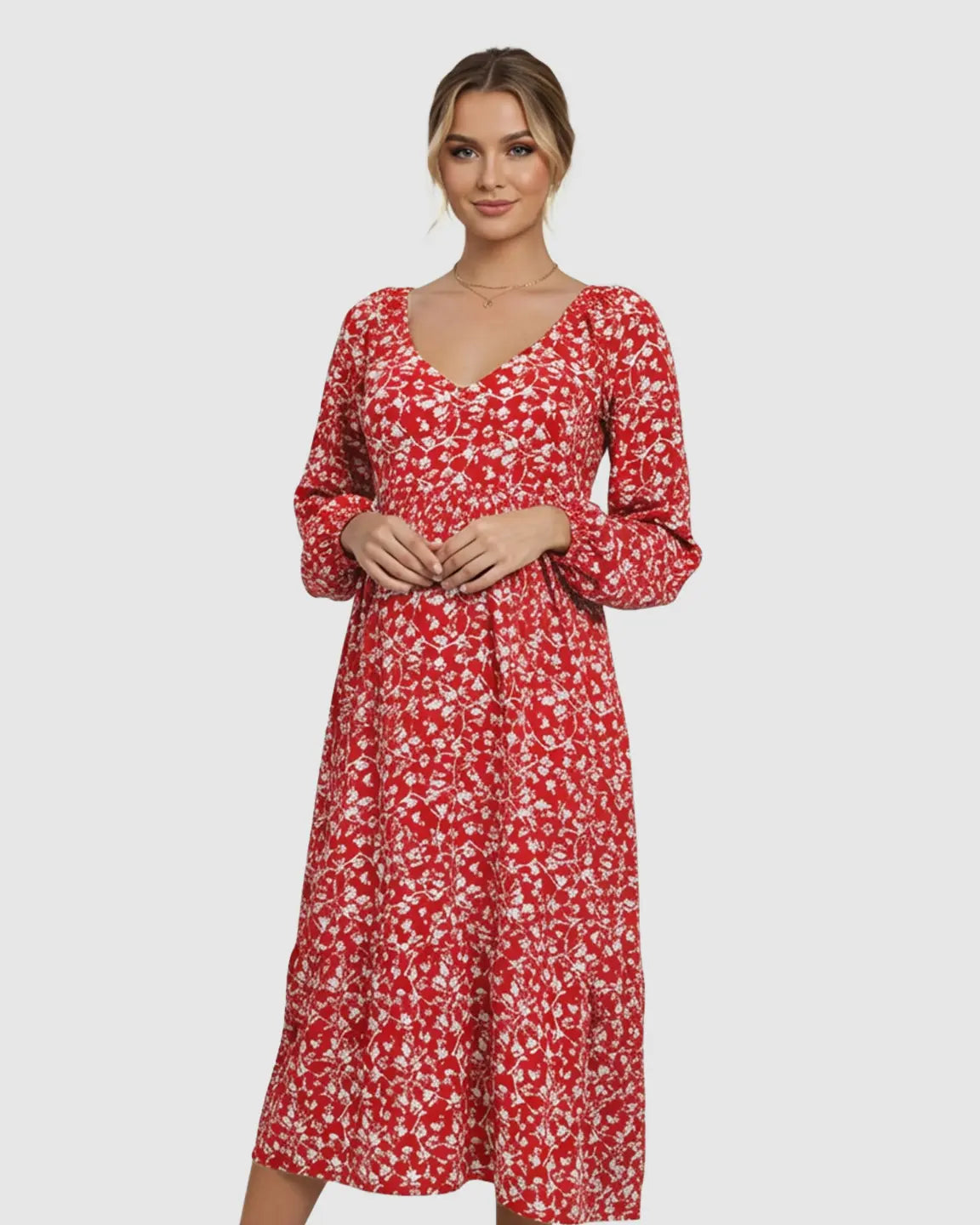 Floral Balloon Sleeves Midi Maternity Dress