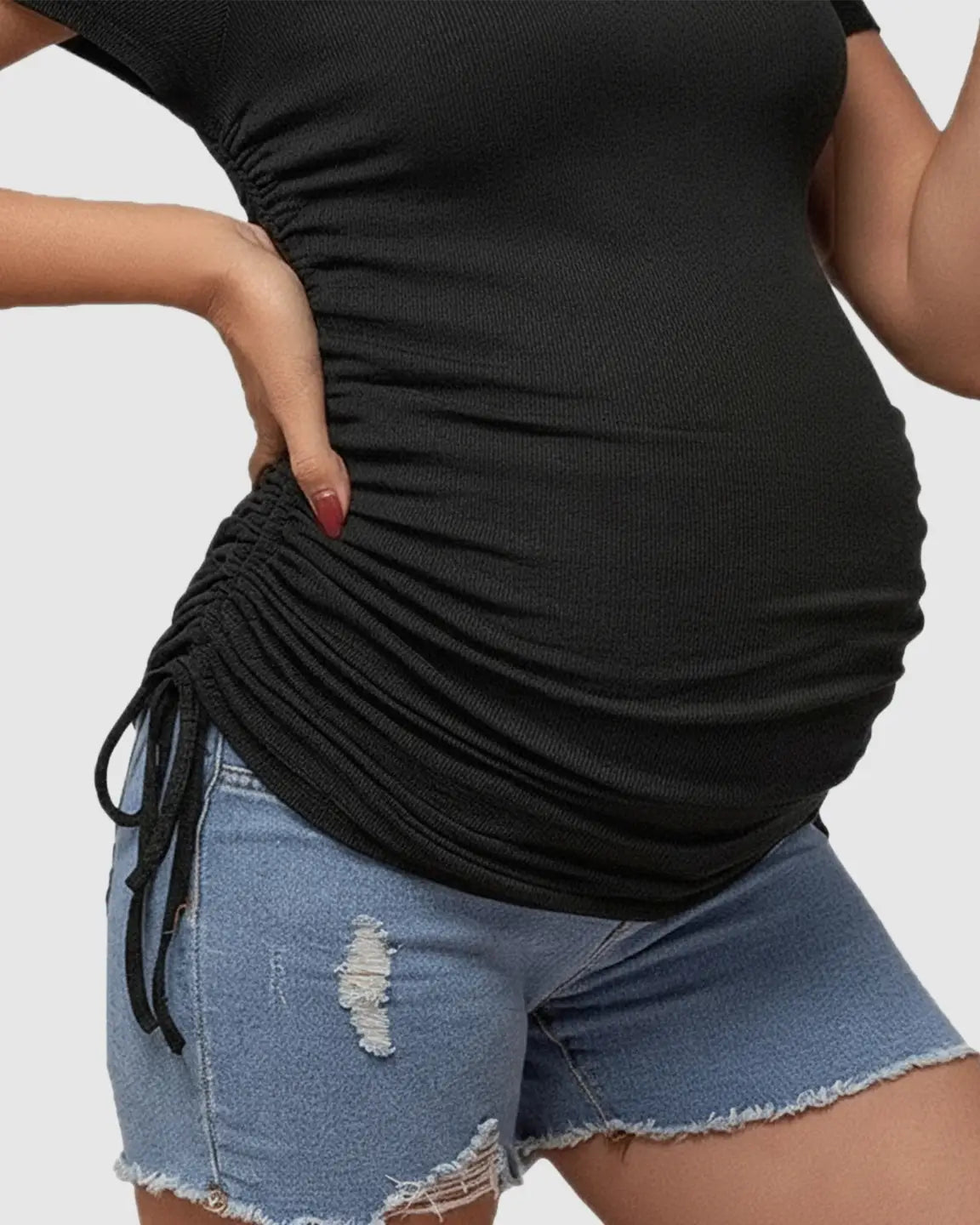 Ruched Waist Casual Maternity Top With Denim Shorts