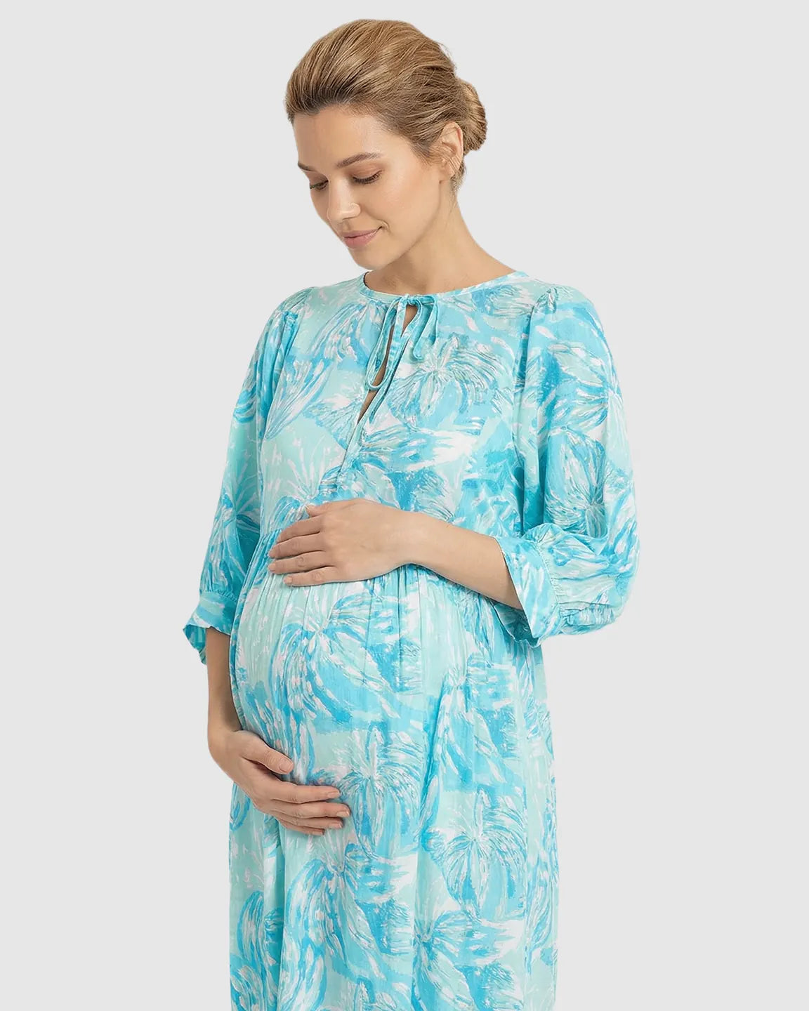 Drawstring Keyhole Neck Floral Maternity Midi Dress