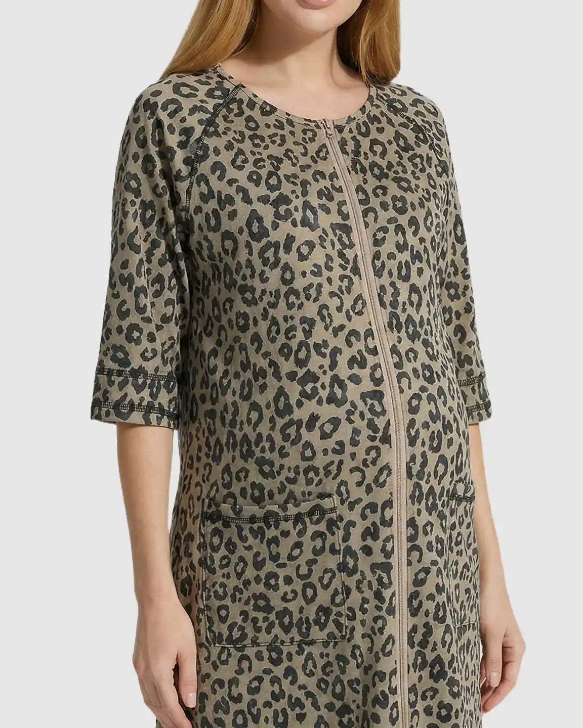 Front Zipper Leopard Print Maternity Nursing Lounge Dress