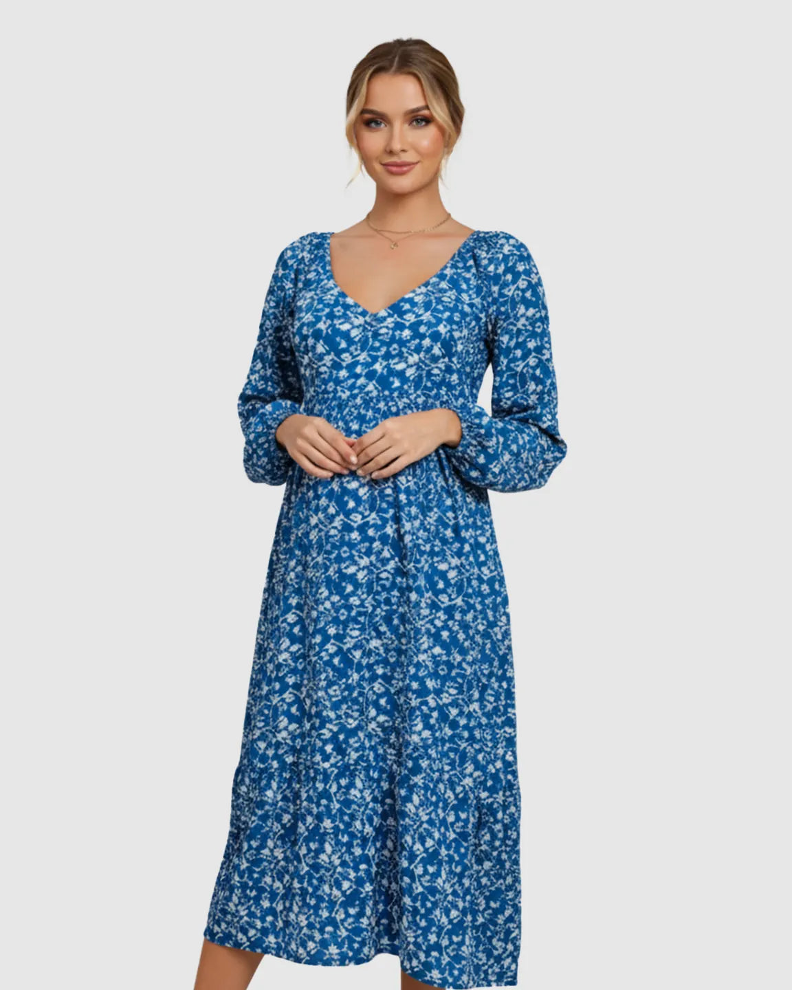 Balloon-Sleeve A-Line Maternity Dress